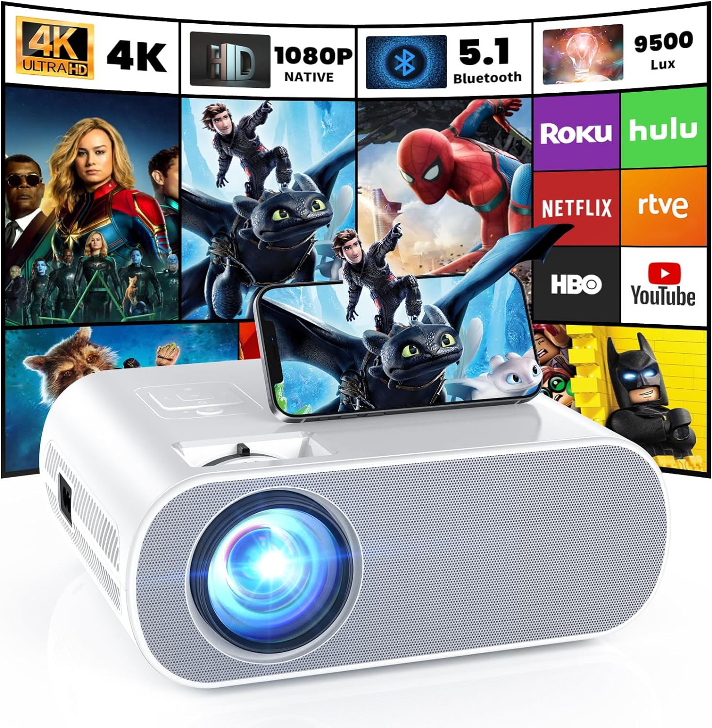 Projector, Native 1080P Full HD Bluetooth Projector with Speaker, Outdoor Portable Movie Mini Projector Compatible with Laptop, Smartphone, TV Stick, Xbox, PS5