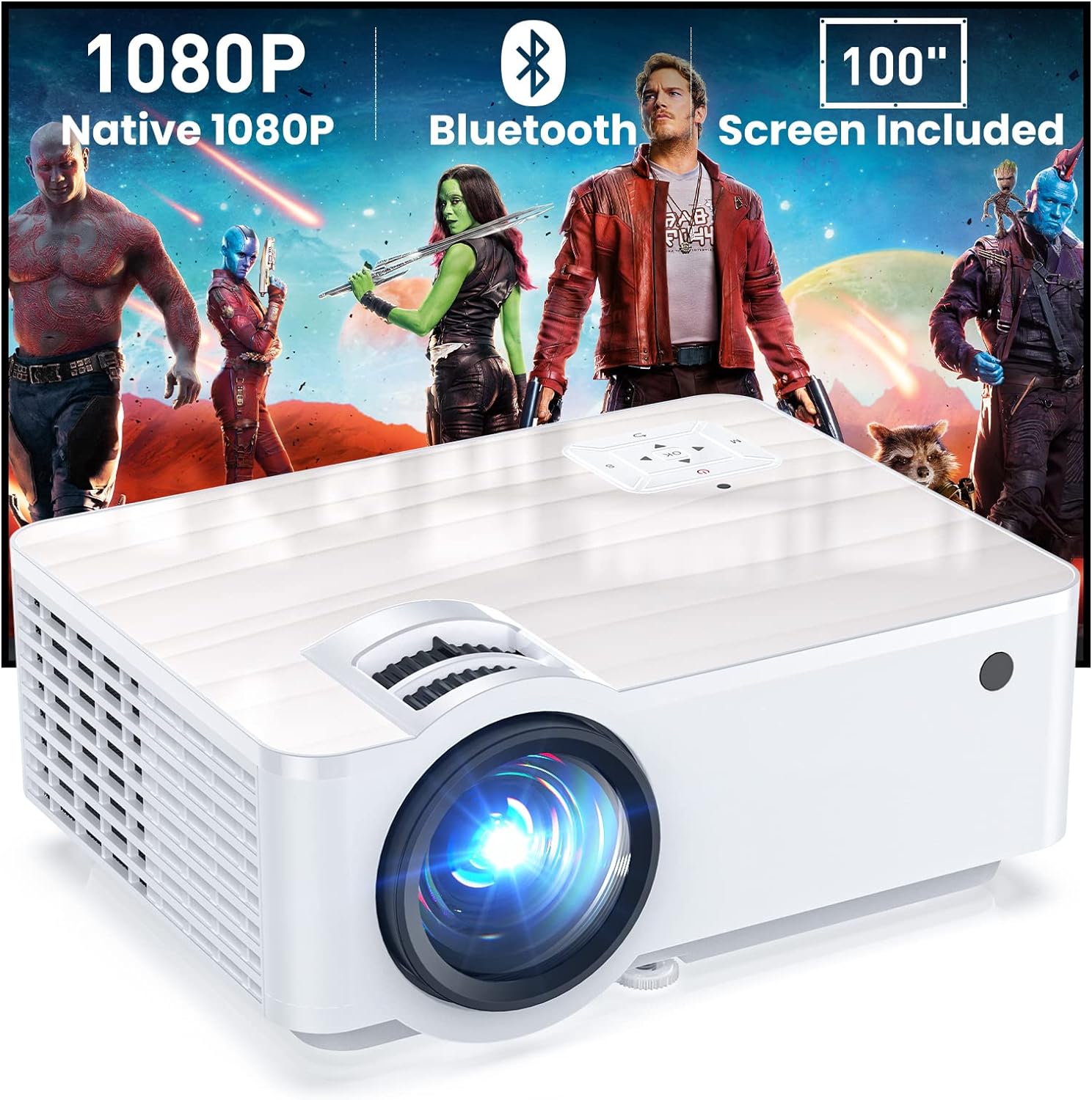 Groview Projector, 1080P Bluetooth Mini Projector with 100 Projector Screen, 9500 LUX Portable Outdoor Movie Projector for Phone, Compatible with VGA/HDMI/USB/SD/Laptop/Fire Stick/PS5