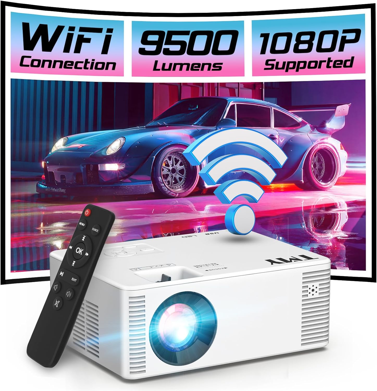 TMY Mini WiFi Projector, 1080P HD Portable Projector with 9500 Lumen, Outdoor Movie Projector for Smartphone, Compatible with iOS/Android/PC/TV Stick/PS5/HDMI/AV/USB/TF