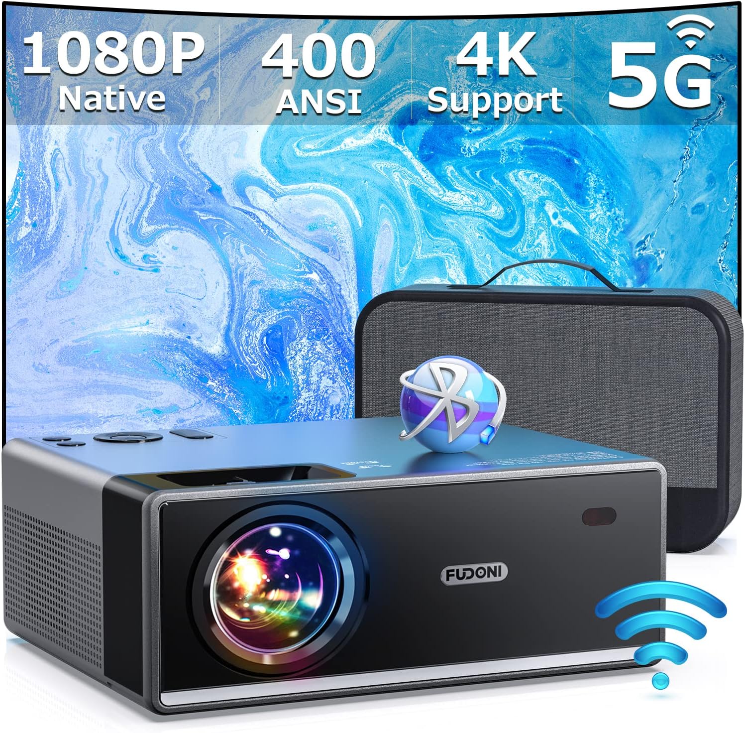 Projector with 5G WiFi and Bluetooth, 1080P 15000L Outdoor Projector with HDMI and USB, Max 300 Display Zoom Function for Movies & Gaming, Compatible with TV Stick/Phone/Laptop