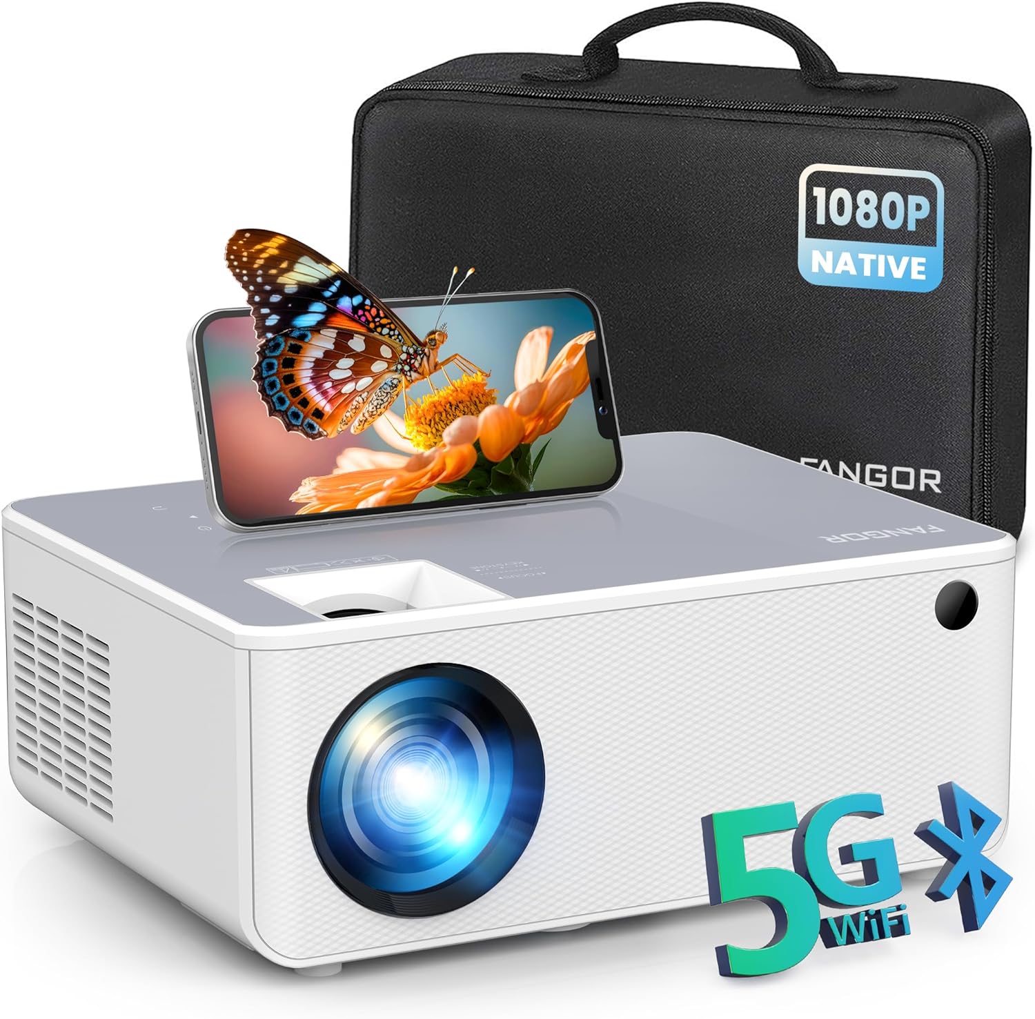 FANGOR 1080P HD Projector, WiFi Bluetooth Projectors, Max 230 Projection Screen Portable Home Theater Video Movie Proyector With Tripod, Compatible with HDMI, USB, Laptop, iOS & Android Phone