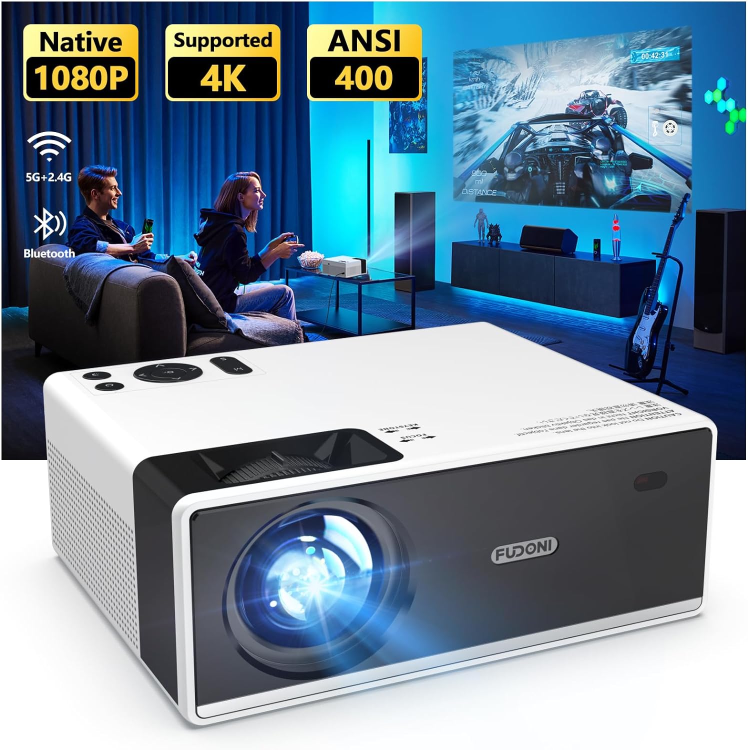 Projector with WiFi and Bluetooth, Outdoor Portable 4K Support Projector 15000L HD 1080P Max 300 Display Zoom, FUDONI Movie Video Home Theater Projector Compatible with HDMI/USB/Phone/Laptop/TV Stick