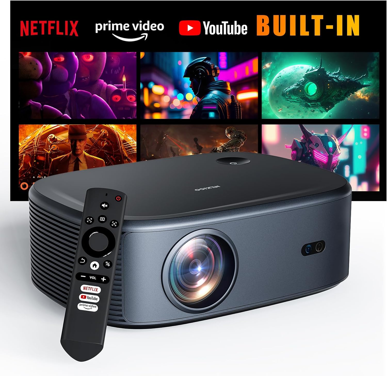 NexiGo Outdoor Netflix Projector, Officially-Licensed, Netflix/YouTube/Prime Video, 800 ANSI Lumens, Auto Focus/Keystone, Native 1080P, 4K Supported, Dolby Audio, Compatible w/TV Stick, iOS, Android