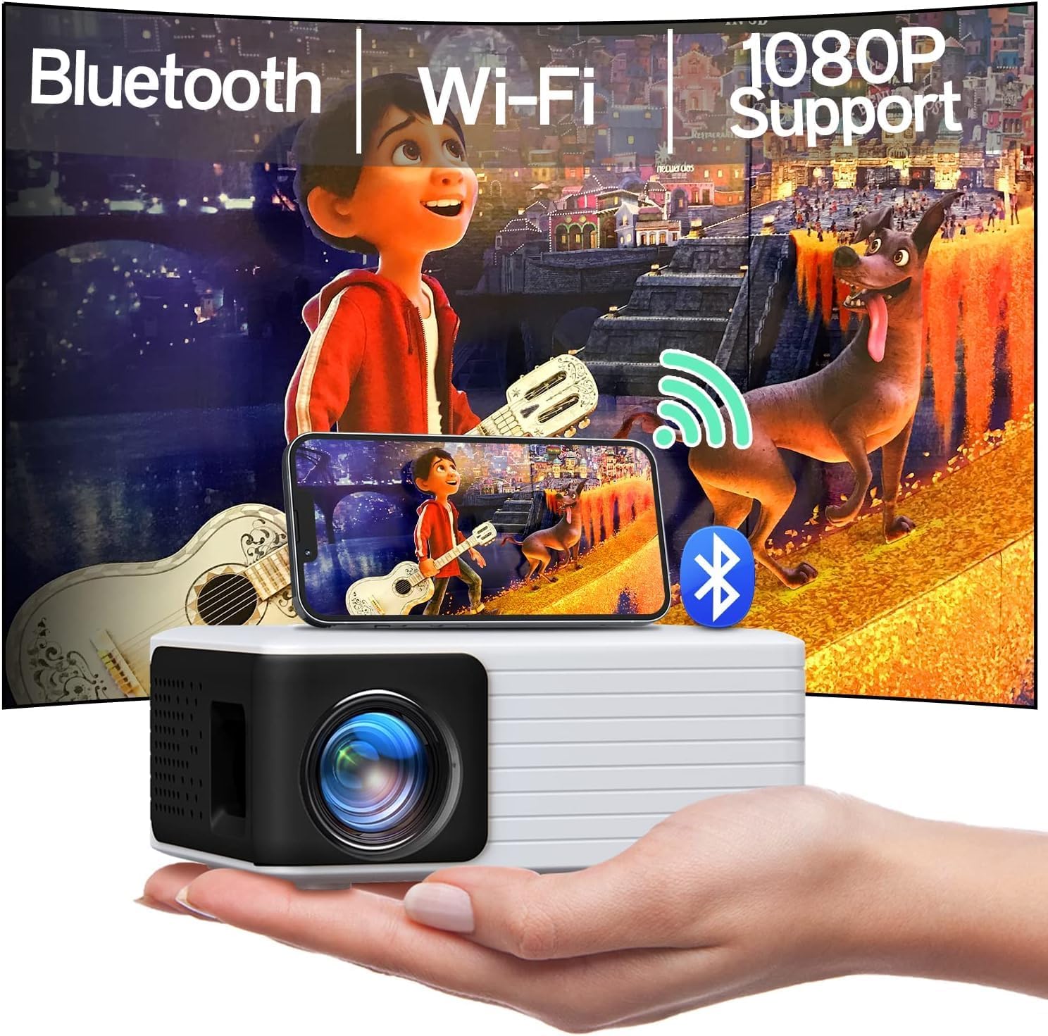 Mini Projector with WiFi Bluetooth, Portable Projector Full HD 1080P Support, YOTON Video Projector for Home Theater, Compatible with PC/Tablet/Fire Stick/iOS and Android Phone Projector