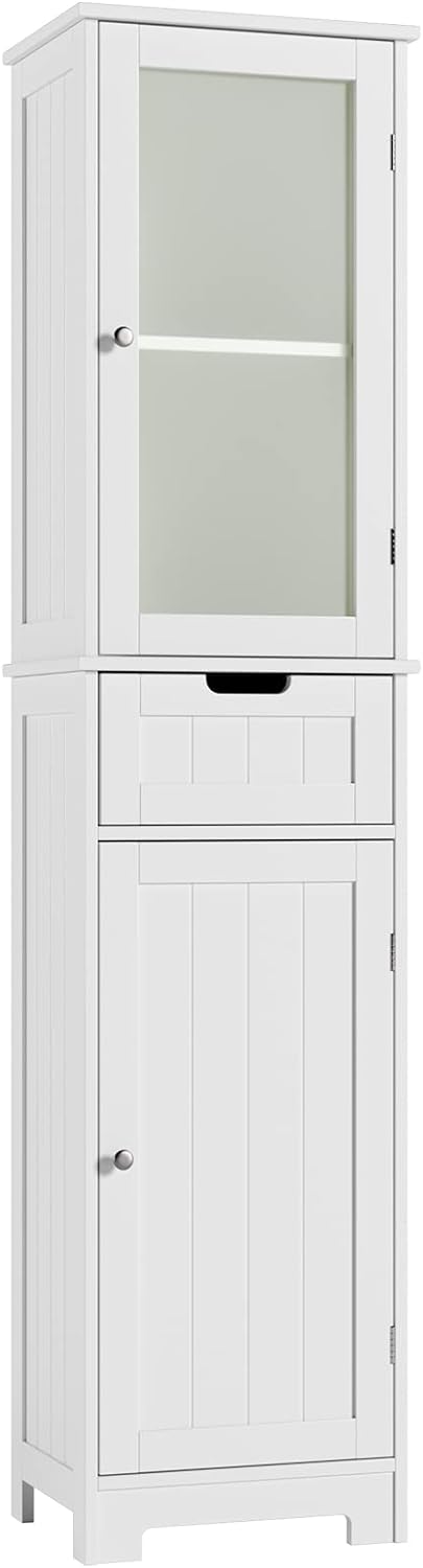 HORSTORS Bathroom Cabinet, Storage Cabinet with 2 Doors & 1 Drawer, Floor Freestanding Cabinet with Adjustable Shelves, Narrow Tall Cabinet for Bathroom, Living Room, Home Office, White