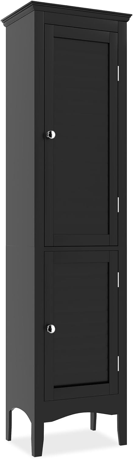 Giantex Bathroom Tall Storage Cabinet - Narrow Freestanding Floor Cabinet with Doors, 5 Tier Shelves(1 Height Adjustable), Corner Pantry Cabinets for Living Room, Slim Tower (1, Black)