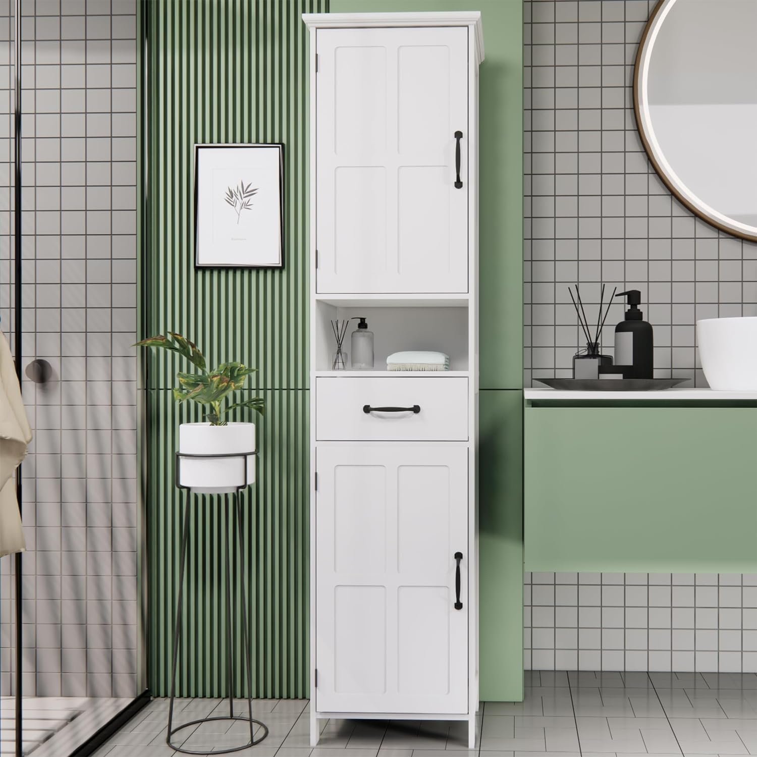 Tall Bathroom Storage Cabinet, White Bathroom Cabinets Freestanding, Narrow Storage Cabinet w/Adjustable Shelves for Home, Kitchen, Versatile, Anti-Tipping