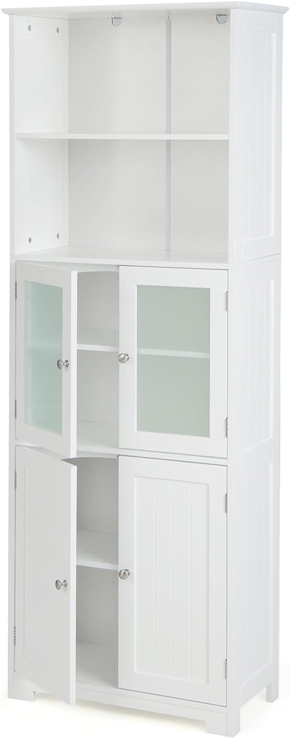 COSTWAY Tall Bathroom Storage Cabinet, Freestanding Kitchen Pantry Cabinet with Glass Doors and Adjustable Shelf, 64 Wooden Linen Floor Cabinet for Bathroom, Living Room, Kitchen (White)