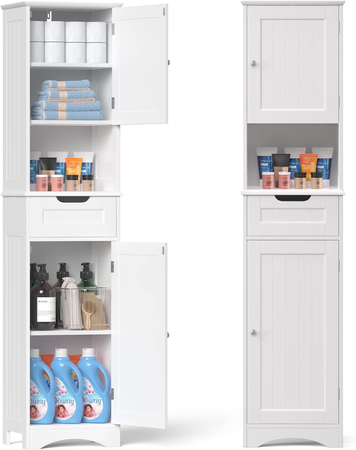 Gizoon 67 H Tall Bathroom Storage Cabinet w/ 2 Doors & 1 Drawer, Narrow Linen Tower Freestanding w/Adjustable Shelves for Home, Kitchen, Versatile, Anti-Tipping, White