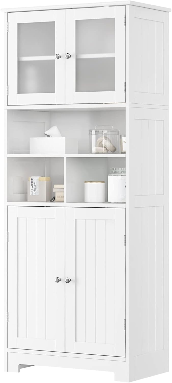 HORSTORS Tall Bathroom Storage Cabinet, Wooden Storage Cabinet with Doors and Shelves, Freestanding Pantry Cabinet, Modern Linen Floor Cabinet for Bathroom, Living Room, Kitchen, White