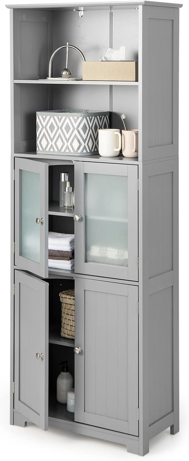 LOKO Tall Bathroom Cabinet, Linen Storage Cabinet with Doors & Open Shelves, Wooden Floor Cabinet with Adjustable Shelves for Bathroom, Living Room or Kitchen (Grey)
