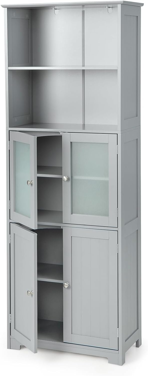 I recently bought this new storage cabinet. It is a free-standing kitchen pantry cabinet with glass doors and adjustable shelves. I installed it quickly according to the instructions. I like the design style of the storage cabinet very much. It can store a lot of things and is very practical.