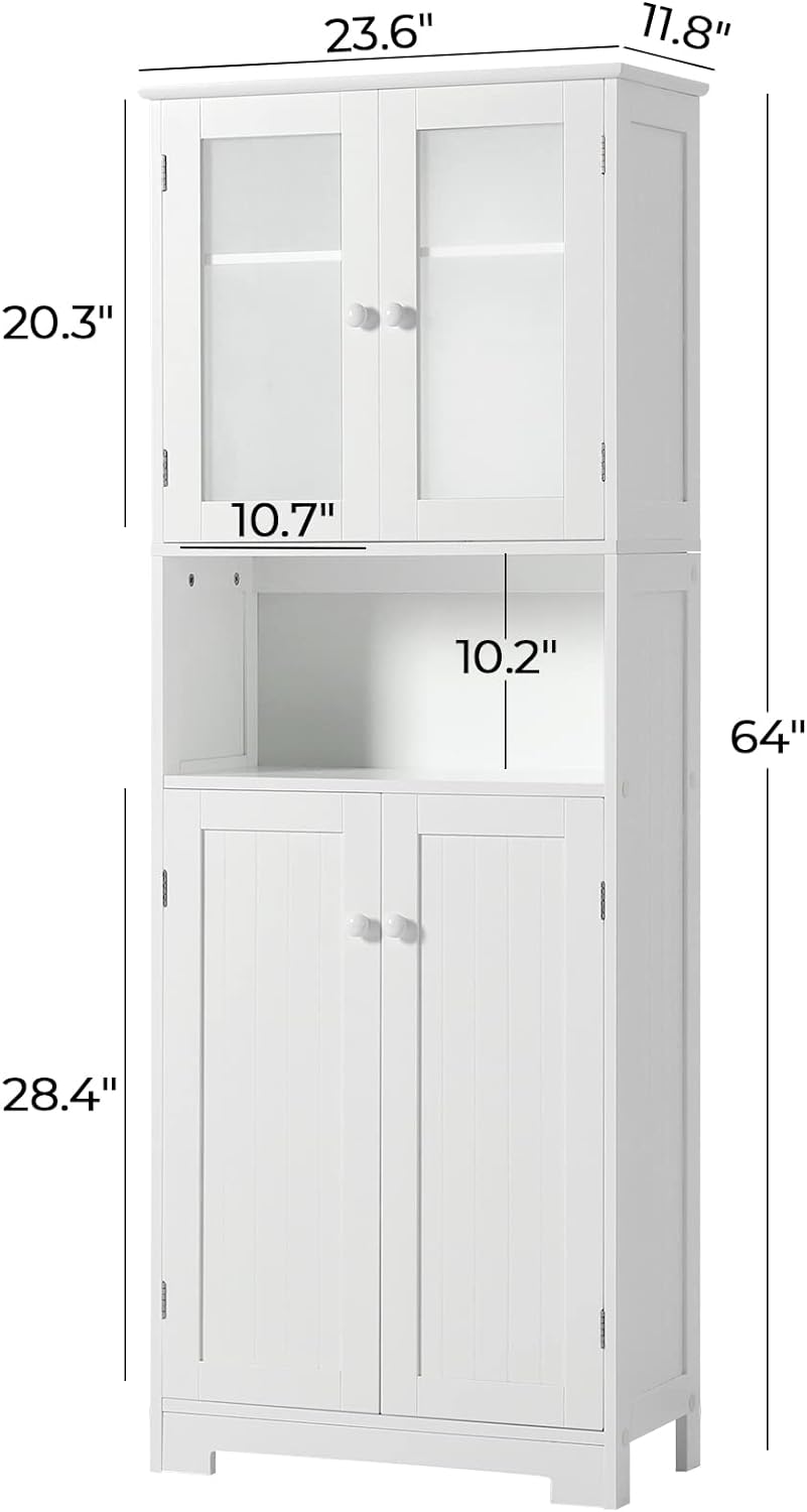 Tiptiper Tall Bathroom Storage Cabinet with with Glass Doors & Adjustable Shelves, Linen Cabinet Closet for Bathroom, Kitchen, 11.8 D x 23.6 W x 64 H, White