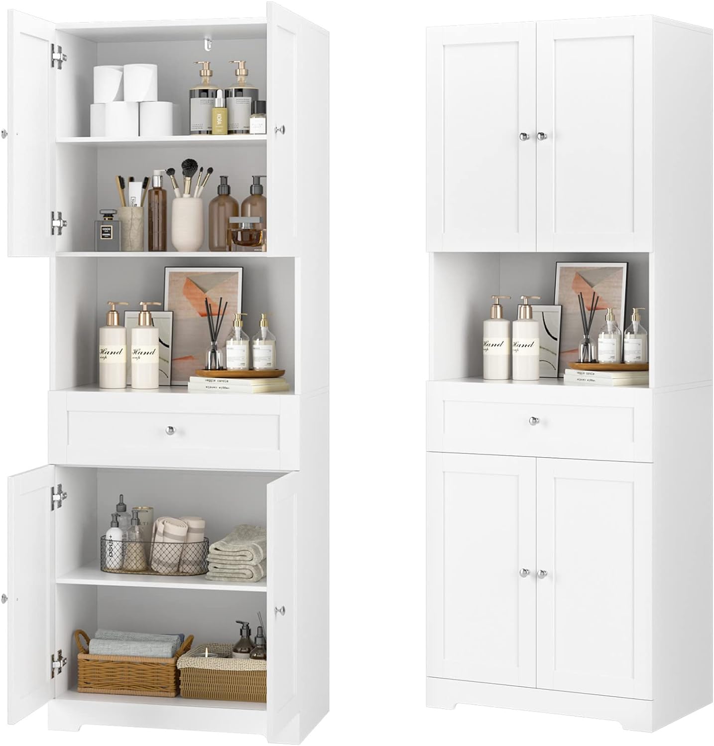 HIFIT Tall Bathroom Storage Cabinets, Modern Linen Storage Cabinet with 4 Doors & Shelves & Drawer, 67 H Tall Storage Cabinet Freestanding for Bathroom, Living Room, Kitchen, Pantry, White