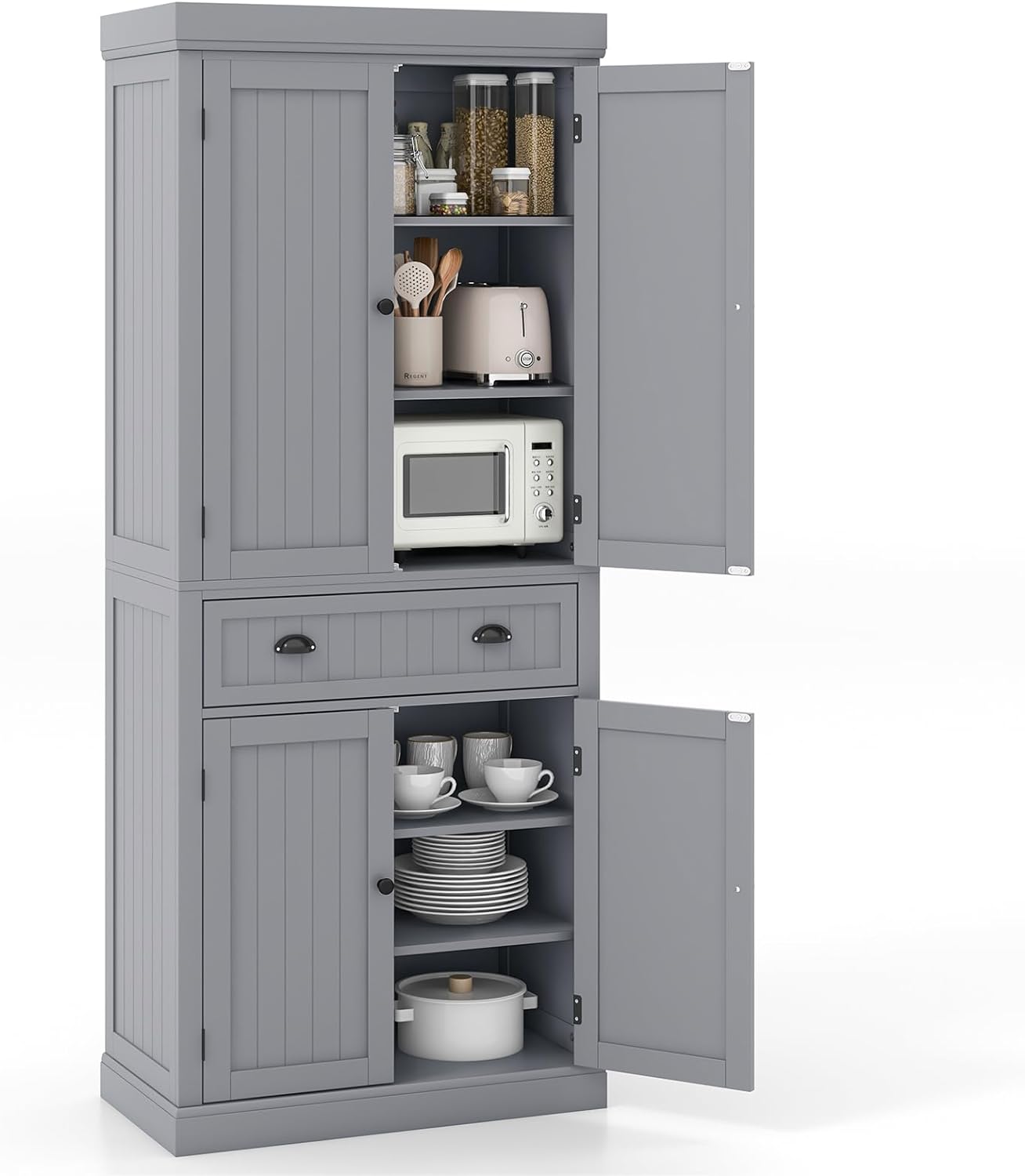 Tangkula 72 H Kitchen Pantry Cupboard Cabinet, Traditional Freestanding Large Tall Storage Cabinet with 2 Cabinets and Drawer, Adjustable Shelves, for Living Room Kitchen, 30 x 16 x 72 Inch