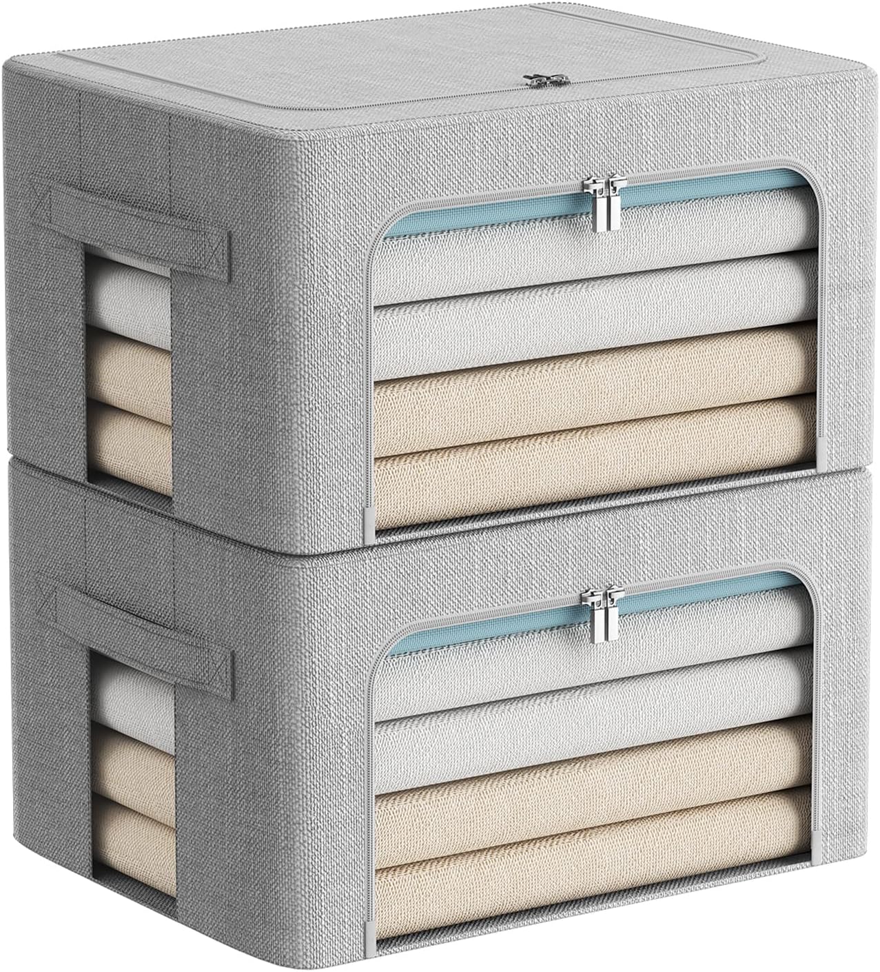 2 Pack Clothes Storage Bins - Stackable Metal Frame Storage Box Foldable Linen Fabric Organizer with Carrying Handles and Clear Window-22L (Light Gray, 15.7X 11.8X 7.8Inch)