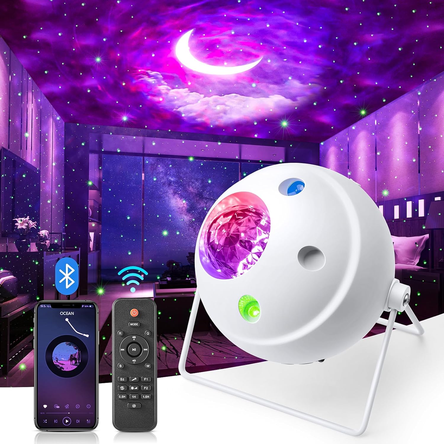 Star Projector Lights for Bedroom Decor, Bluetooth Speaker Galaxy Light for Room,Voice Control Star for Ceiling Projector,Remote Timer Multi-light Mode Galaxy Projector,Upgrade 5 Films Projector Light