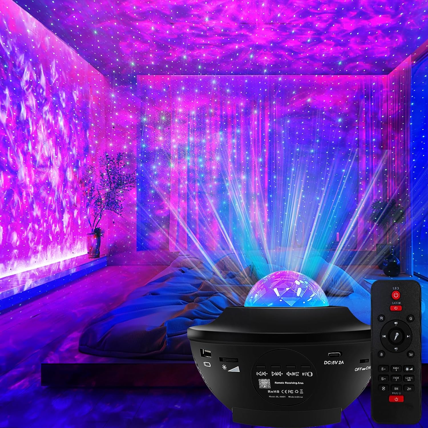 Star Projector, Galaxy Projector for Bedroom, Music Speaker Sound Activated Remote Control/Timer, Starry Night Light Projector for Kids, Adults, Ceiling, Room Decor