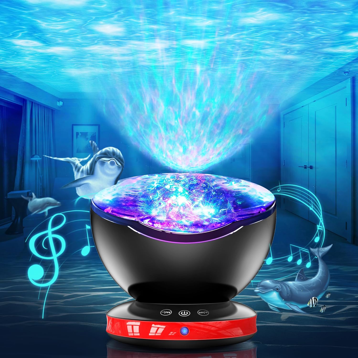 Ocean Wave Projector with 12 LEDs, 8 Lighting Modes, Remote Control, Timer - For Bedroom, Kids, Baby, Christmas Gift