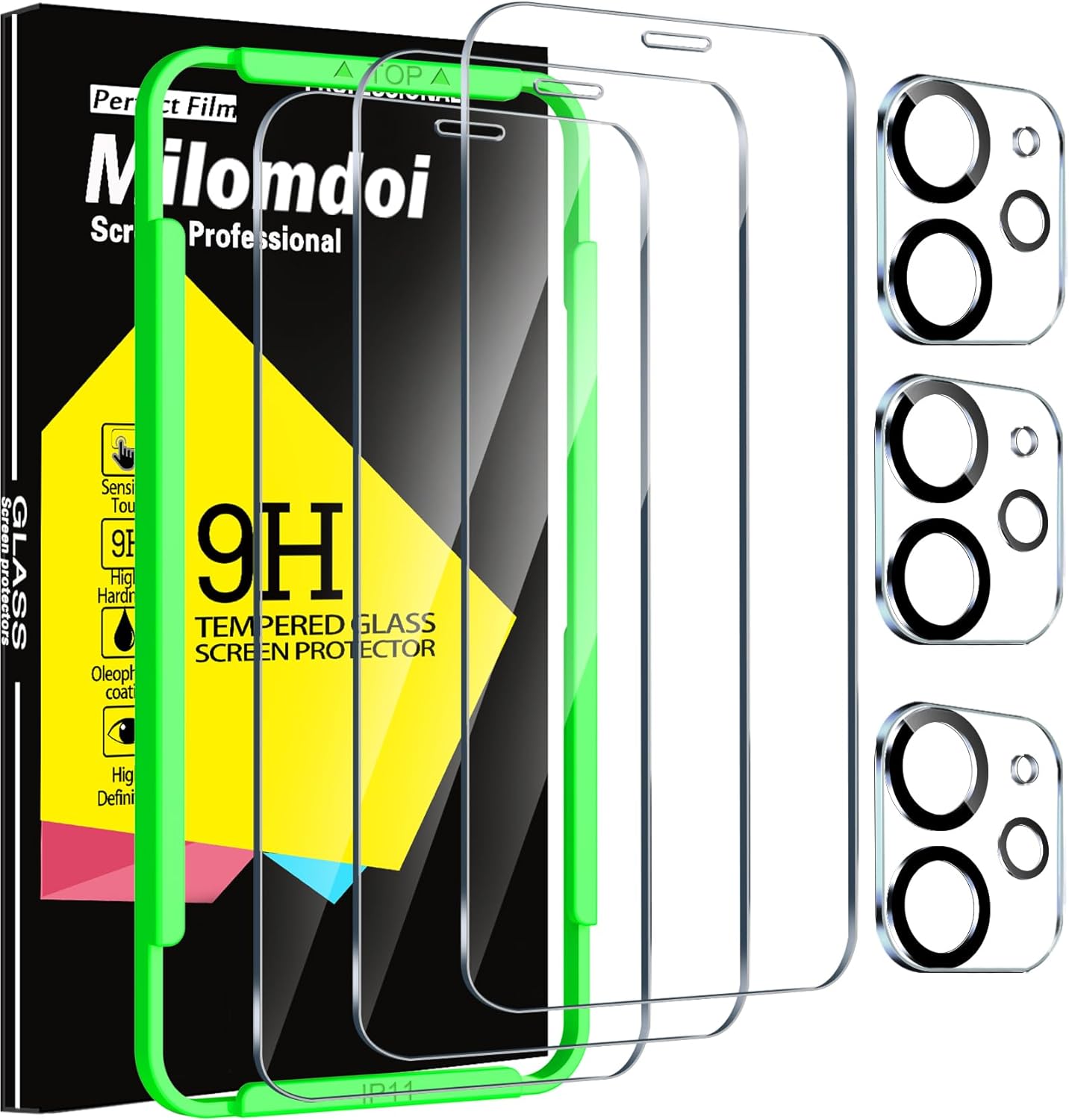 Milomdoi 3 Pack Screen Protector for Apple iPhone 11 with 3 Pack Tempered Glass Camera Lens Protector, Ultra 9H Accessories, Case Friendly, Mounting Frame, 2.5D Curved, Transparent