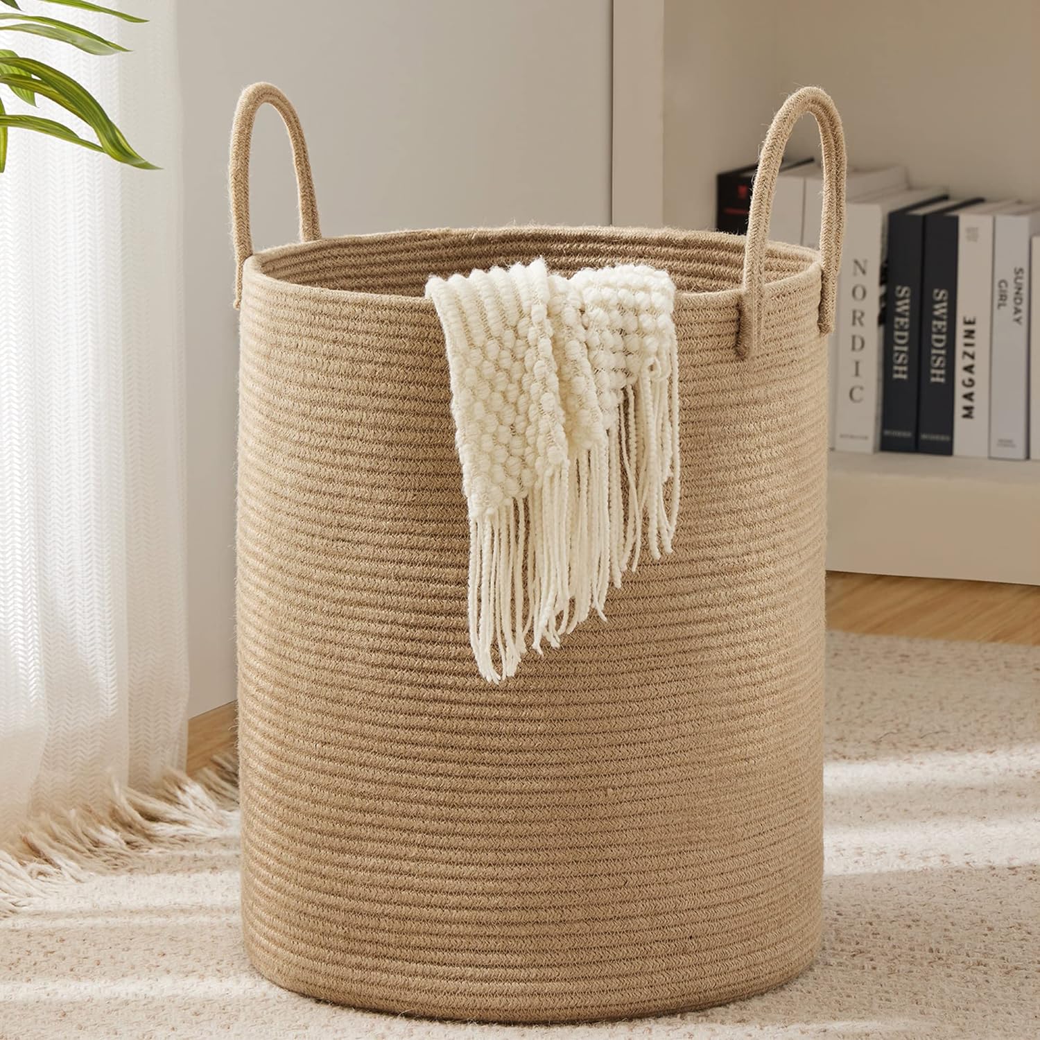 Great basket. I have used it to store my throw blankets in the living room fits alot & looks nice. Was minimal creasing and seems to be circling out with the blankets in it.