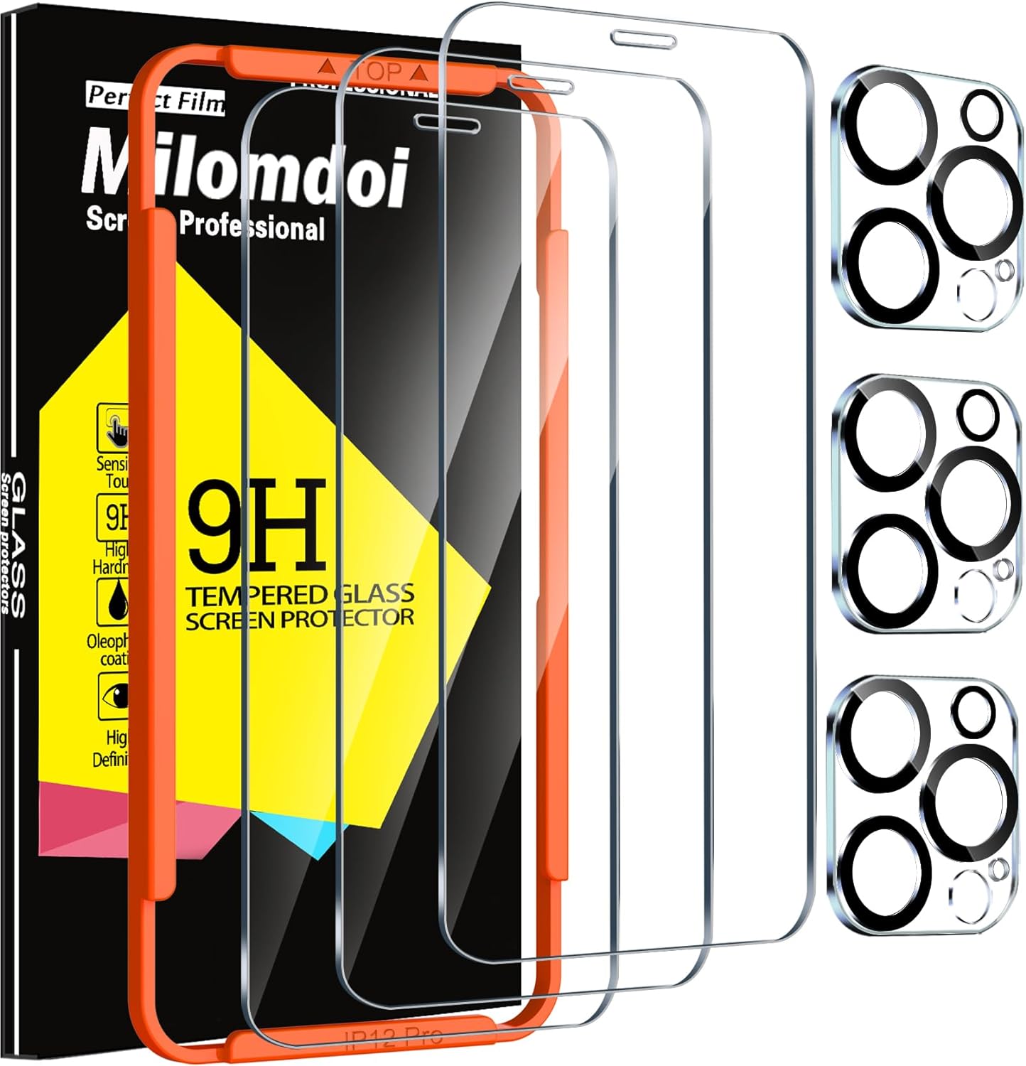 Milomdoi 3 Pack Screen Protector for Apple iPhone 12 Pro with 3 Pack Tempered Glass Camera Lens Protector, Ultra 9H Accessories, Case Friendly, Mounting Frame, 2.5D Curved, Transparent