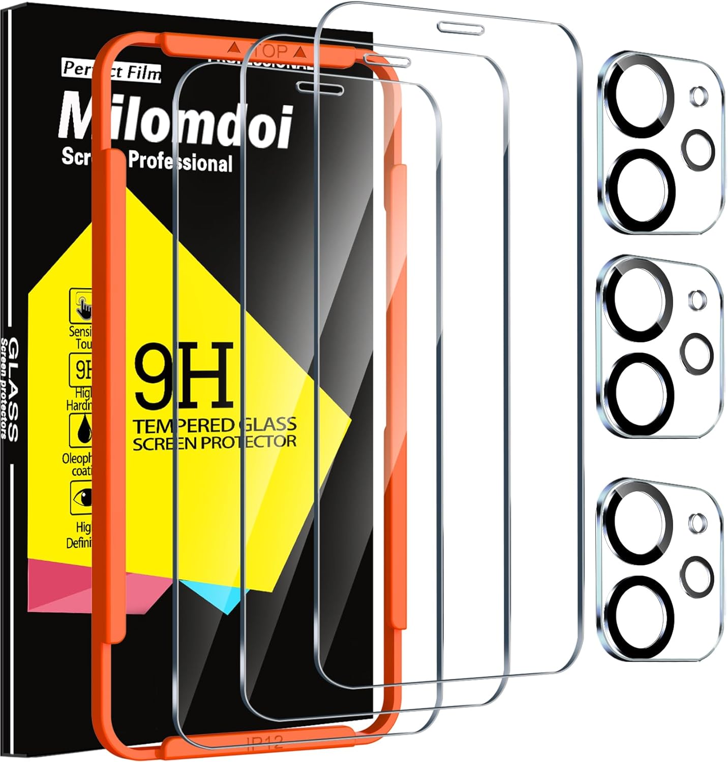 Milomdoi 3 Pack Screen Protector for Apple iPhone 12 with 3 Pack Tempered Glass Camera Lens Protector, Ultra 9H Accessories, Case Friendly, Mounting Frame, 2.5D Curved, Transparent