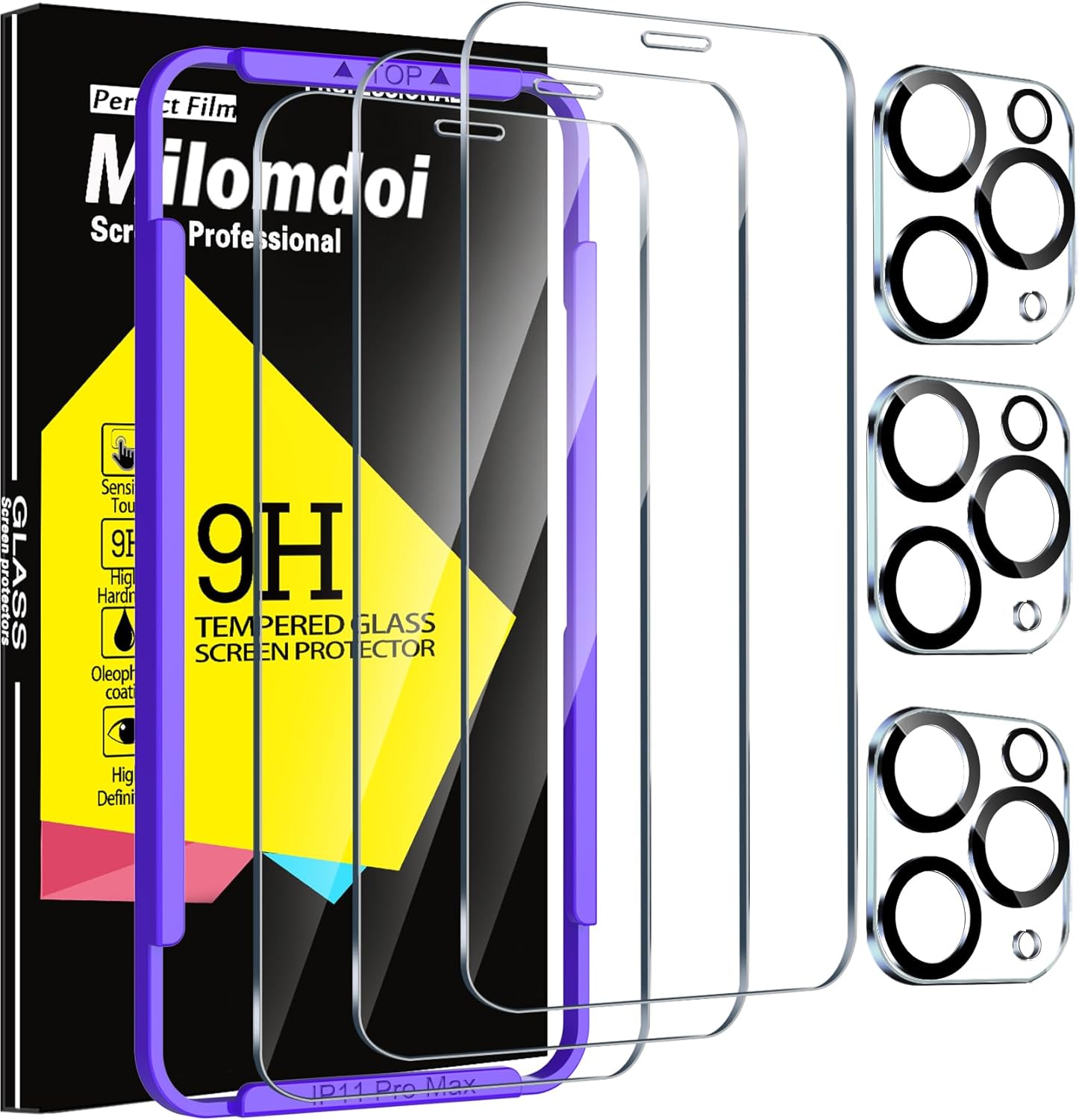 Milomdoi 3 Pack Screen Protector for Apple iPhone 11 Pro Max with 3 Pack Tempered Glass Camera Lens Protector, Ultra 9H Accessories, Case Friendly, Mounting Frame, 2.5D Curved, Transparent