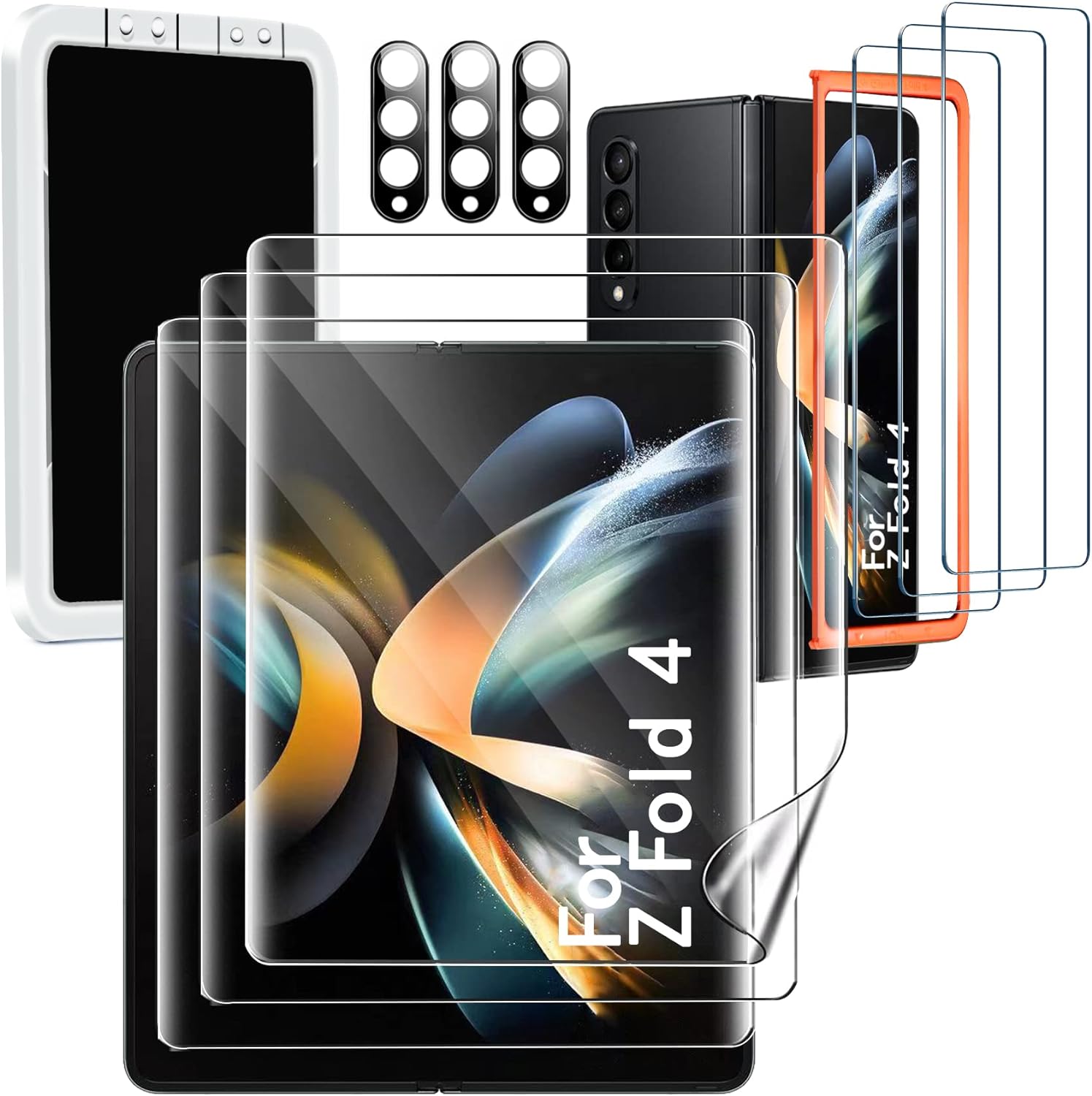 Milomdoi [9-in-1] for Samsung Galaxy Z Fold 4 5G Screen Protector [3 Pack Inside and 3 Pack Front] With 3 Pack Tempered Glass Camera Lens Protector with Mounting Positioner Accessories No bubbles