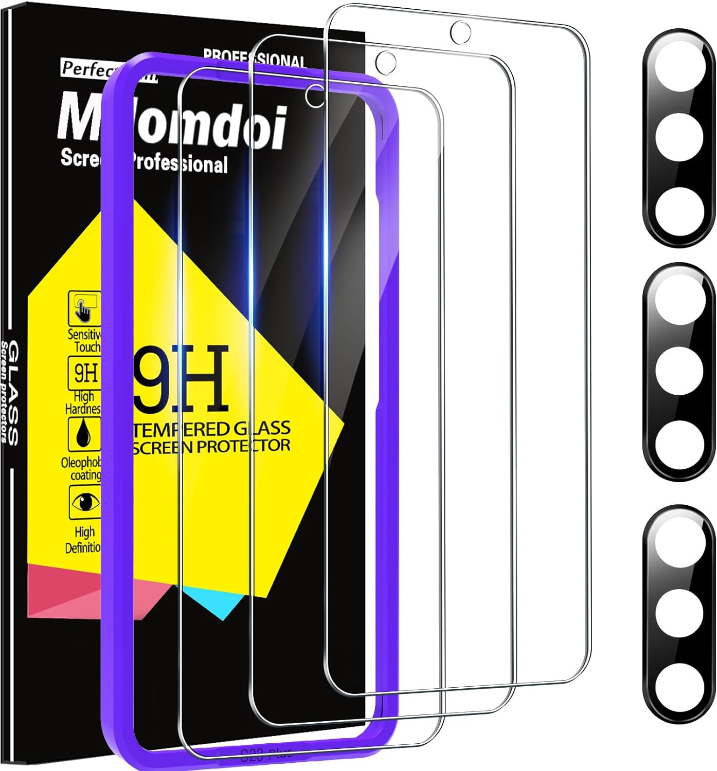 Milomdoi 3 Pack Screen Protector for Samsung Galaxy S23 Plus 6.6 Inch with 3 Pack Tempered Glass Camera Lens Protector, Ultra 9H Accessories, Case Friendly, Mounting Frame, 2.5D Curved - HD