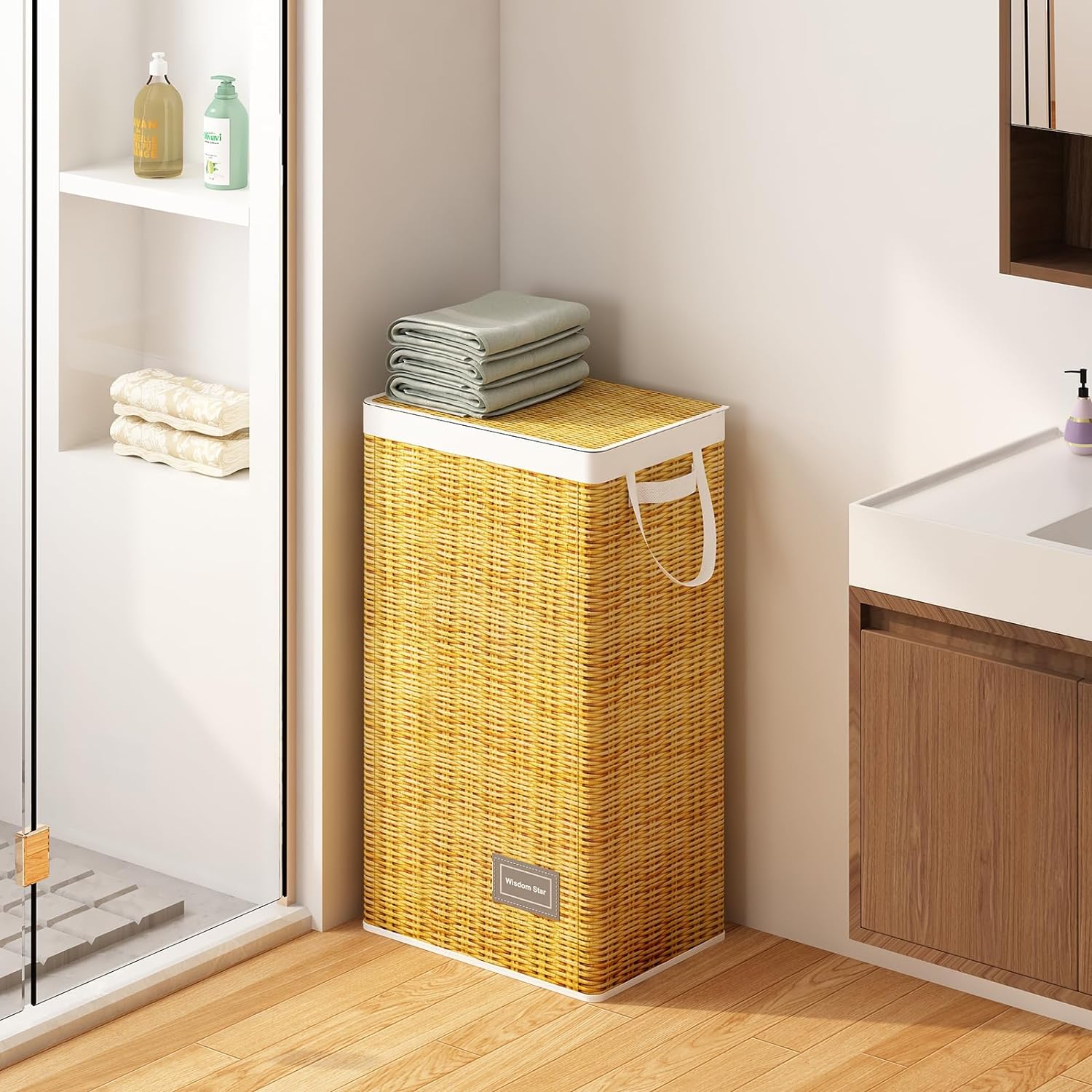 This is a great space saver and looks good. Used to keep my dirty laundry in a laundry basket but lost closet space when I moved and didn't want to keep the basket out in the open. This fits nicely in a bathroom and the removable bag makes it easy to carry the clothes to the washer. Super easy to put together too!
