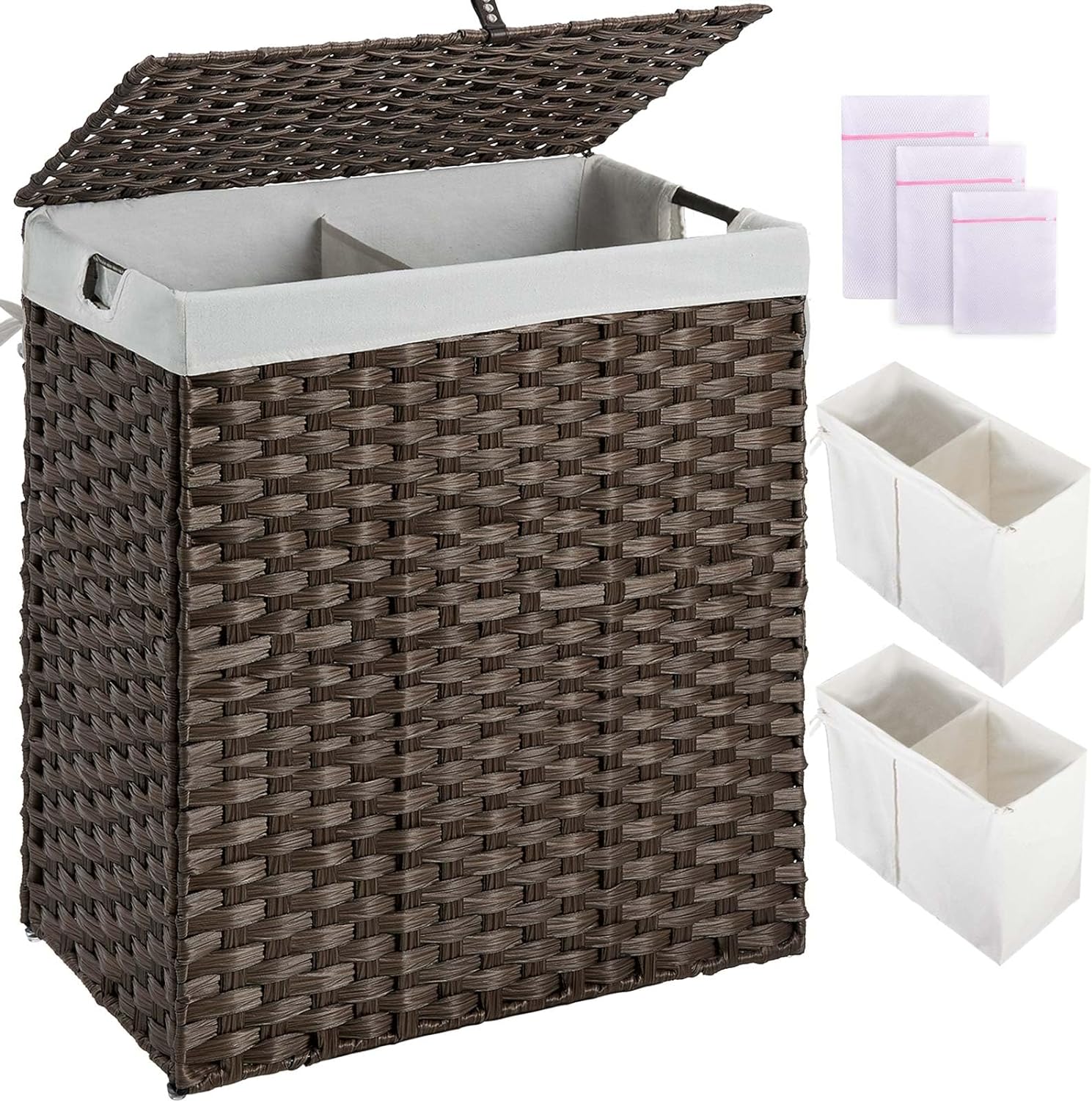 I recently purchased the laundry hamper with lid, and I must say it has exceeded my expectations in both functionality and style, just what I needed. It not only serves its primary purpose but looks very nice in the closet. It is plastic-rattan, but I think that' preferable to regular rattan for durability.One of the standout features of this hamper is its zero-install-needed design. I appreciate the hassle-free setup, allowing me to start using it right out of the box, with just a couple folds