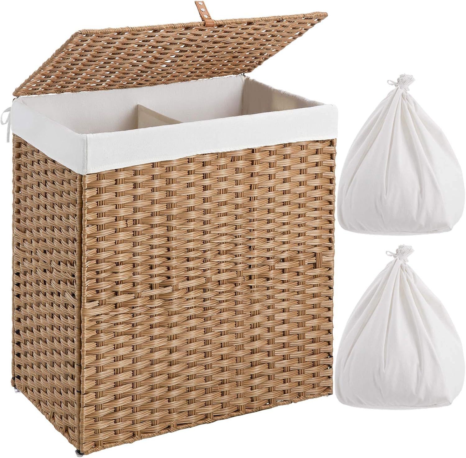 Greenstell Laundry Hamper with lid, No Install Needed, 110L Wicker Laundry Baskets Foldable 2 Removable Liner Bags, 2 Section Clothes Hamper Handwoven Rattan Laundry Basket with Handles, Natural