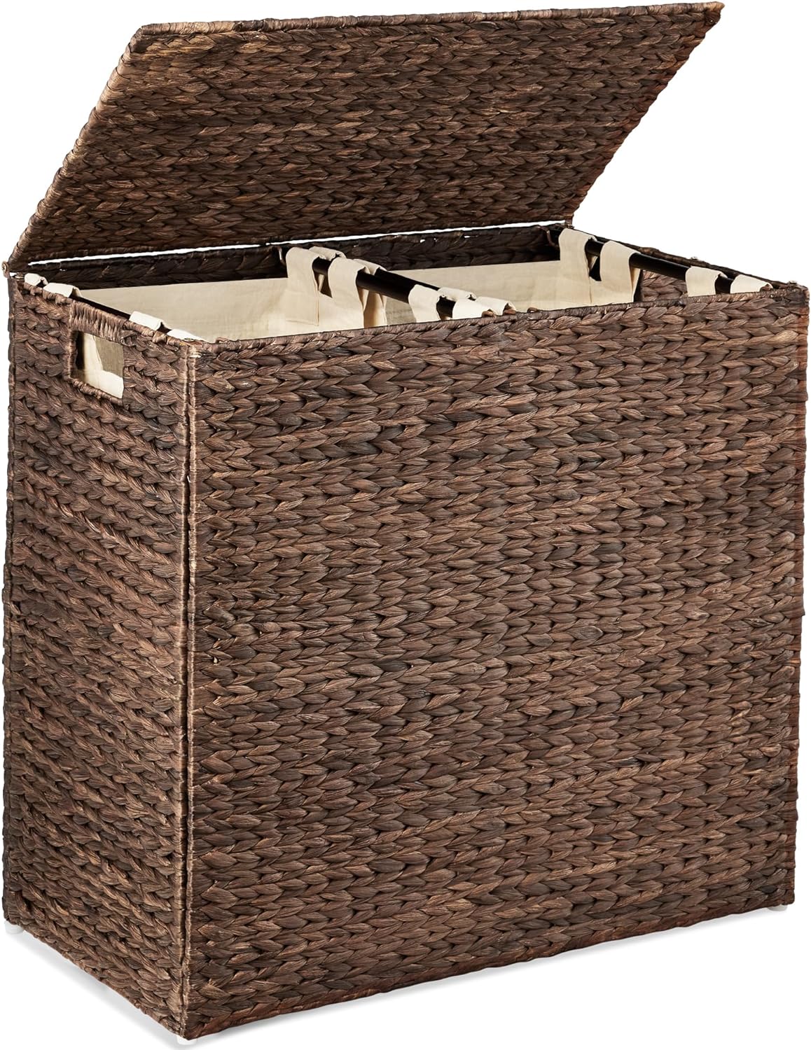 Best Choice Products Large Double Laundry Hamper with Lid, Natural Handwoven Water Hyacinth, 2 Sections w/ 2 Machine Washable Linen Liner Bags, Portable, Handles - Espresso