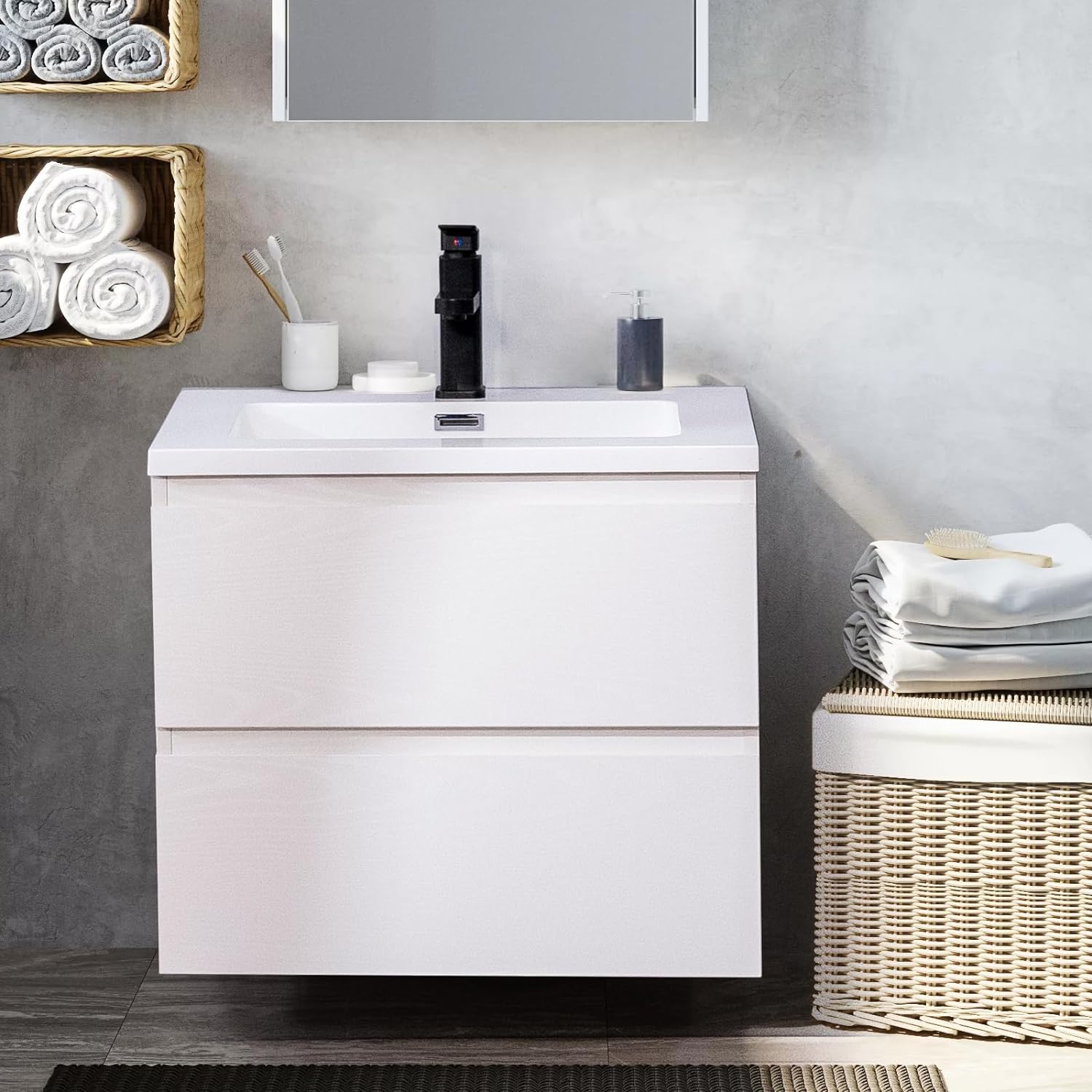 24 White Wall Mounted Bathroom Vanity with Sink Floating Vanity Two Drawers Bathroom Cabinet with White Ceramic Integrated Sink