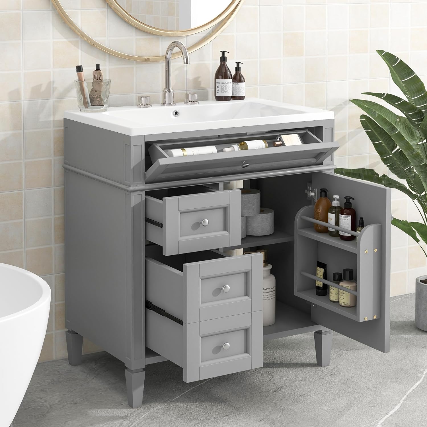 30 Bathroom Vanity with Single Sink Combo, Modern Undermount Bathroom Sink Cabinet with 2 Drawers and a Tip-Out Drawer, Freestanding Bathroom Vanities, Soft Closing, Solid Wood Frame