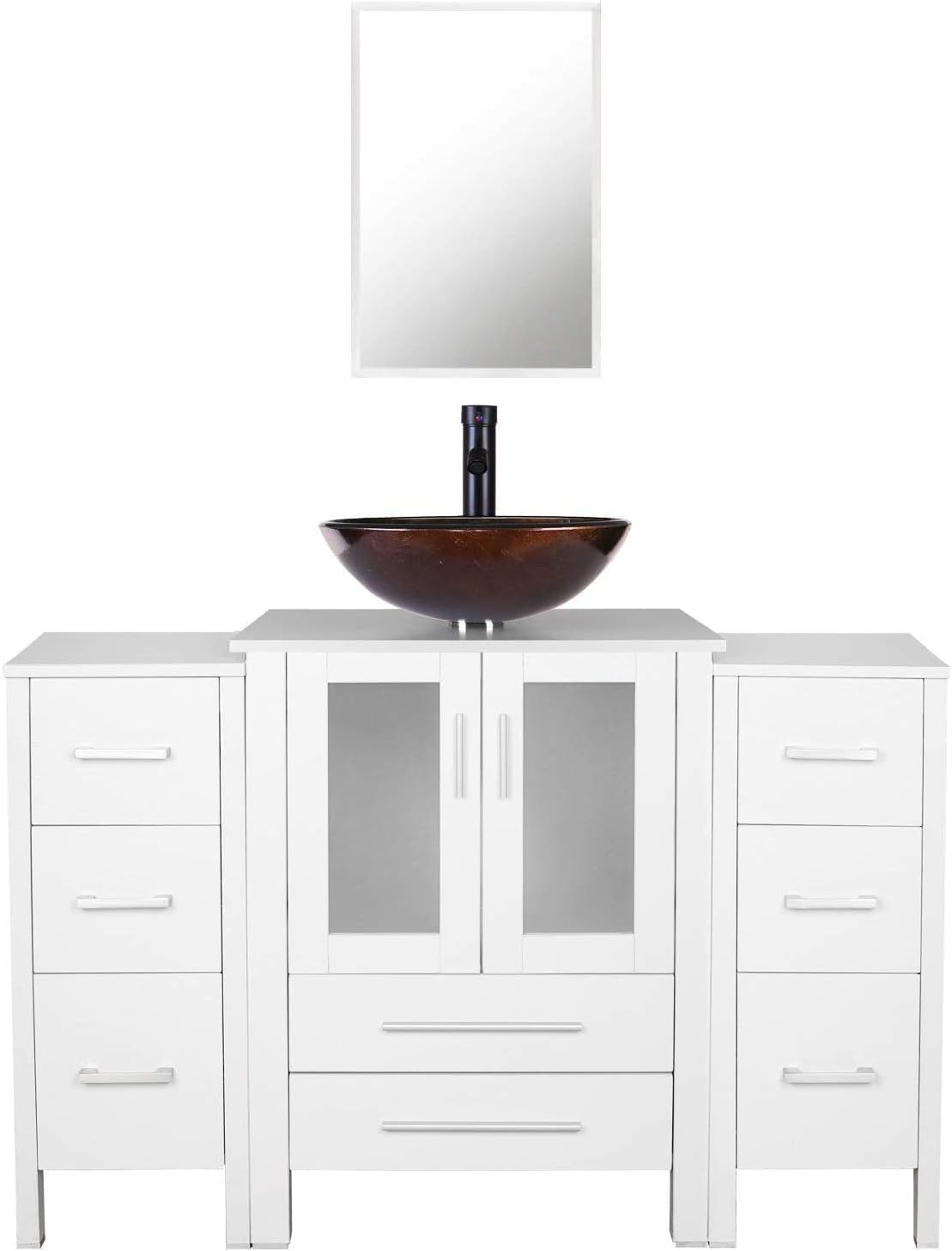 UEV 48 White Bathroom Vanity with Sink Combo,2 Bathroom Storage Side Cabinets,Modern Bathroom Vanity with Tempered Glass Vessel Sink Combo,Mirror,ORB Faucet and Drain Parts Included(A09)
