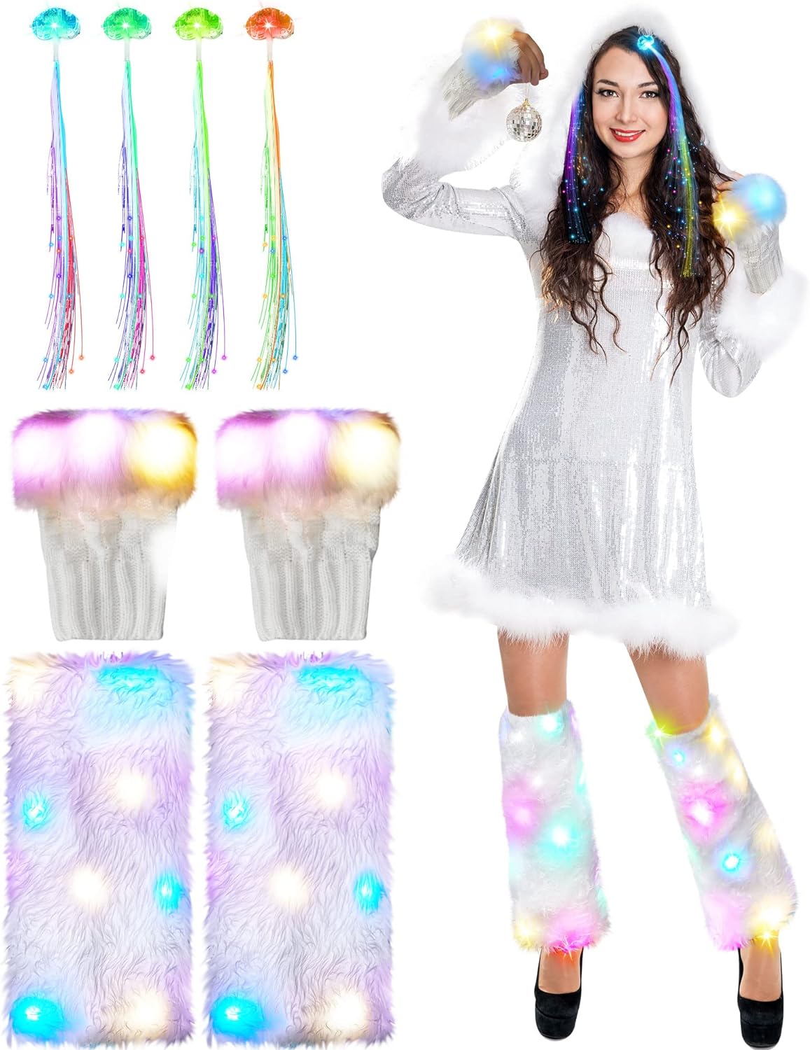 Zhanmai Christmas 8 Pcs Light up Clothing Accessories Include 2 LED Fuzzy Fur Leg Warmers 2 Fingerless LED Glow Gloves 4 LED Lights Hair