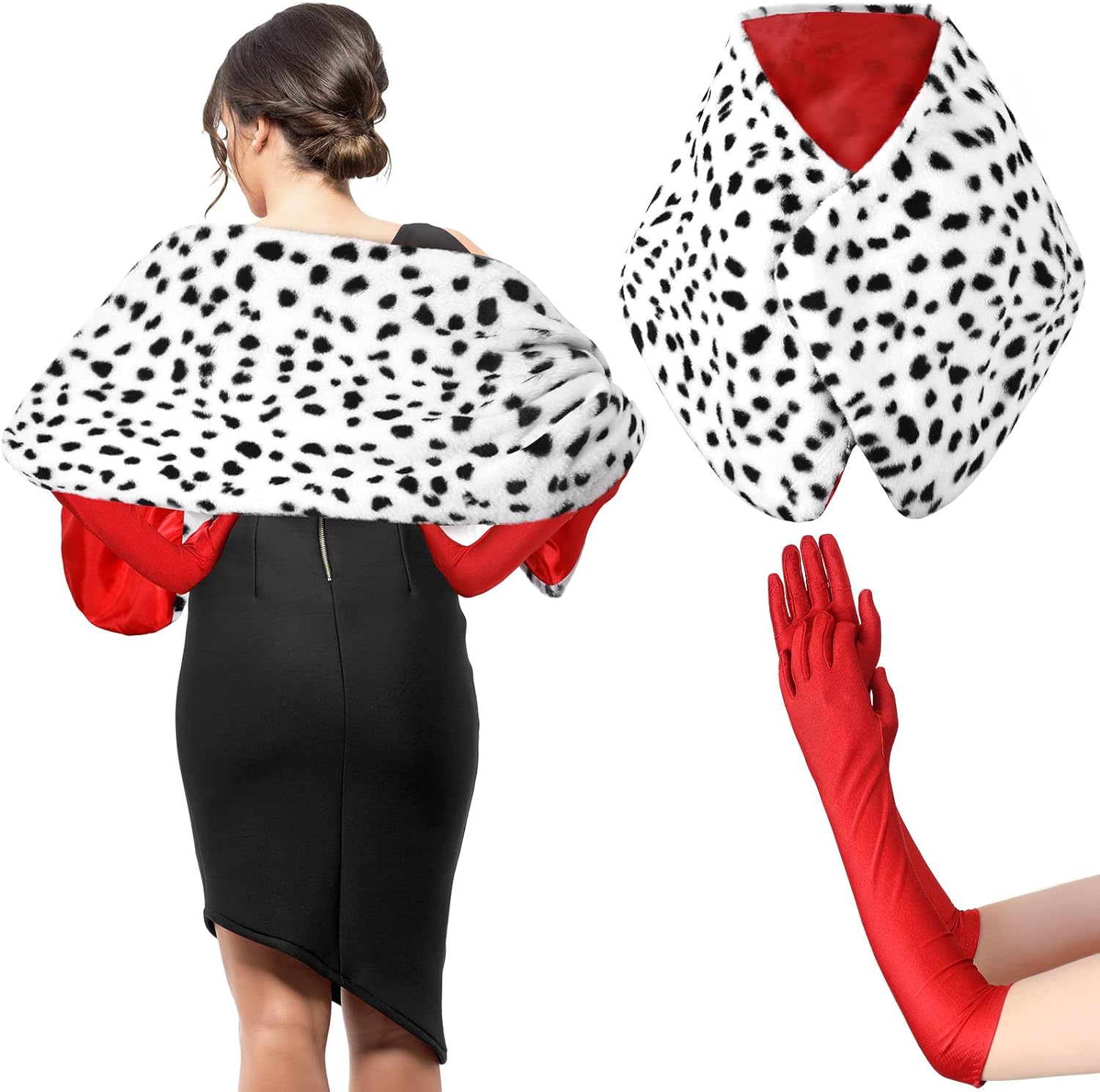 Zhanmai Halloween Women Faux Stole Accessories Set Black and White Scarf Dalmatian Accessories 1920s Gloves Red Satin Opera Gloves 20s Flapper Elbow Gloves for Cosplay