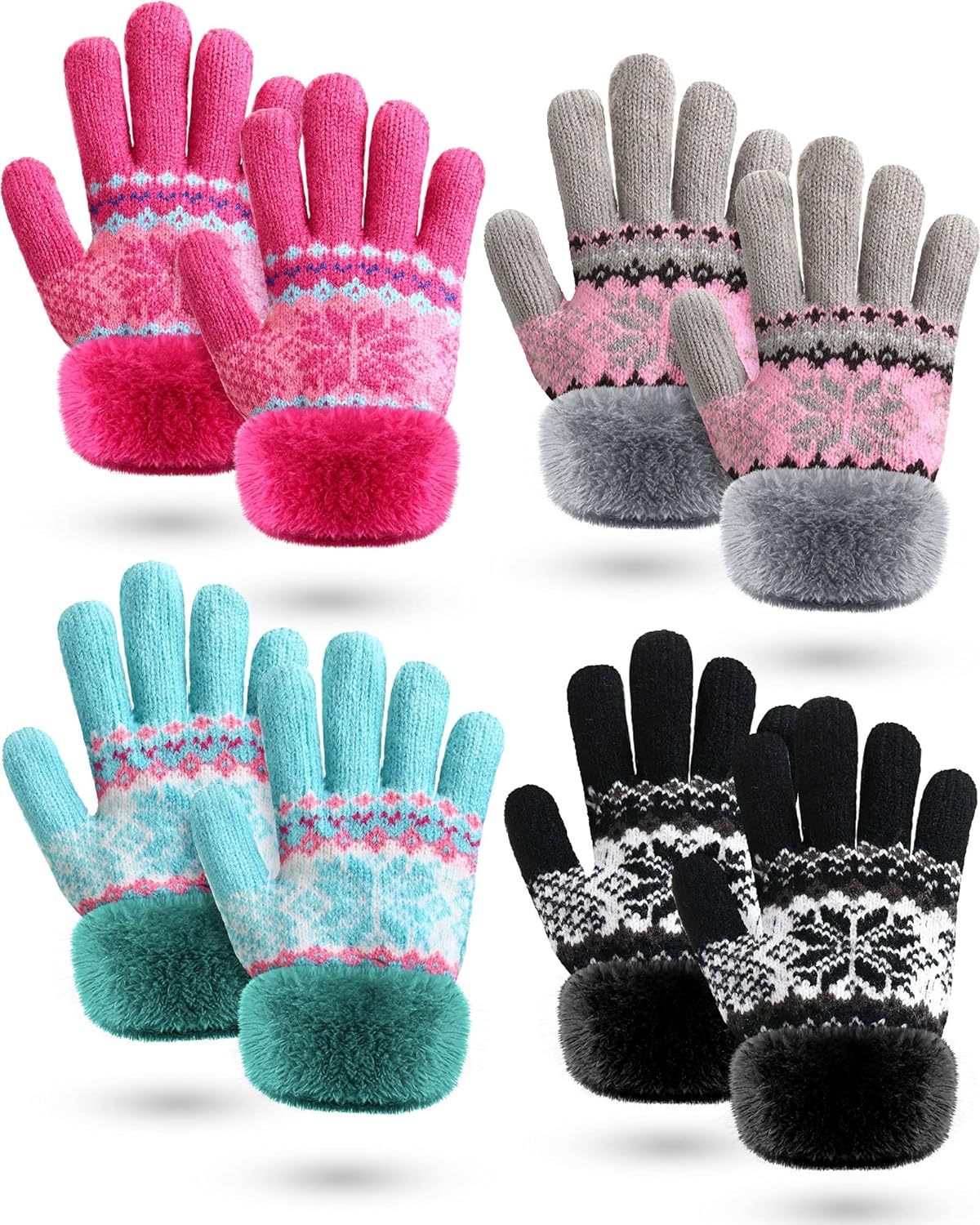 Zhanmai Toddler Winter Gloves 4 Pairs Baby Boy Girl Warm Snowflake Gloves Fleece Lining Gloves Faux Fur Cuff Winter Mittens Full Fingers Knitted Gloves