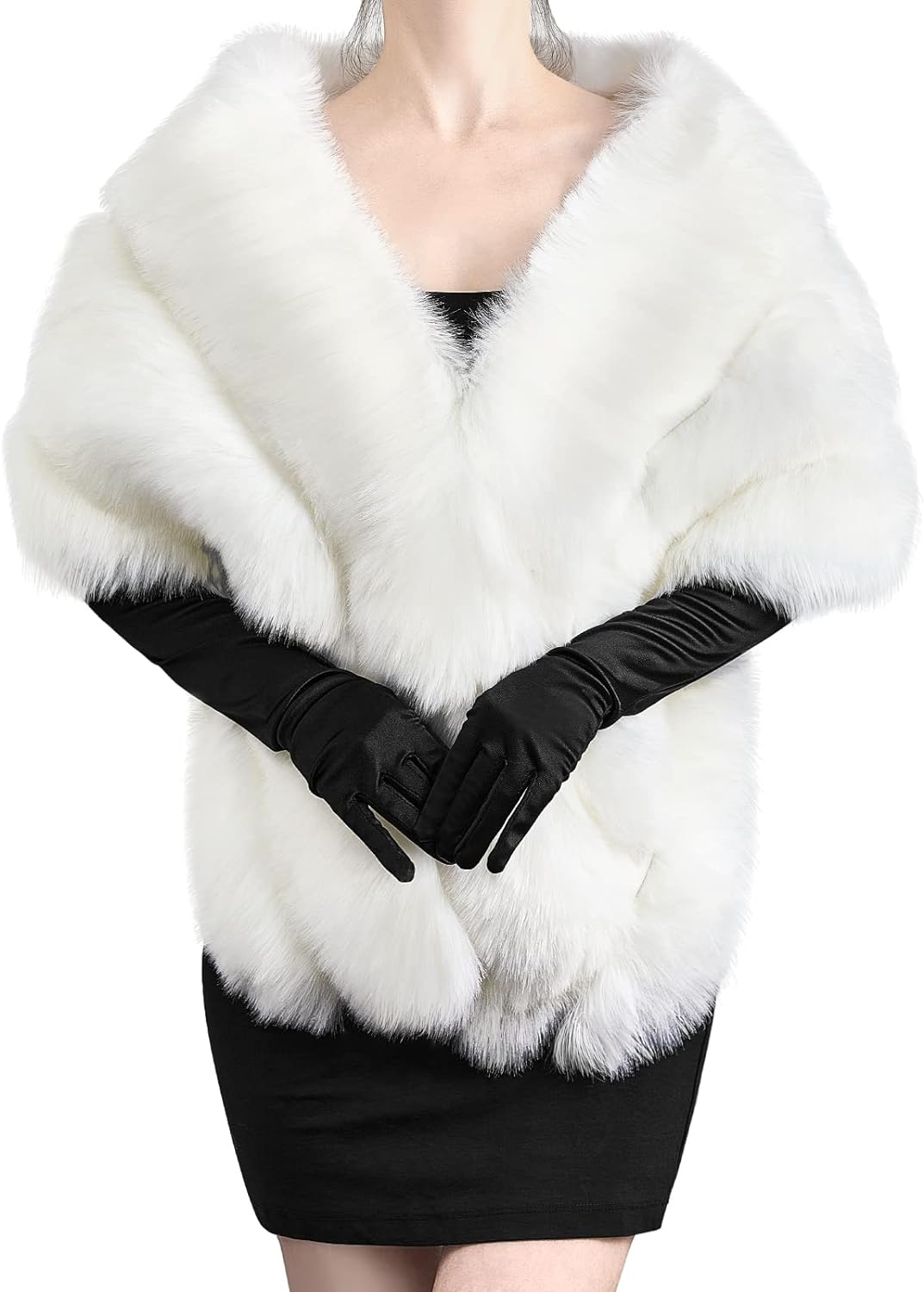 Zhanmai Winter Faux Fur Long Shawl Cloak Stretchy Satin Glove Opera Bridal Dance Gloves for Women Wedding Dress Party Coat