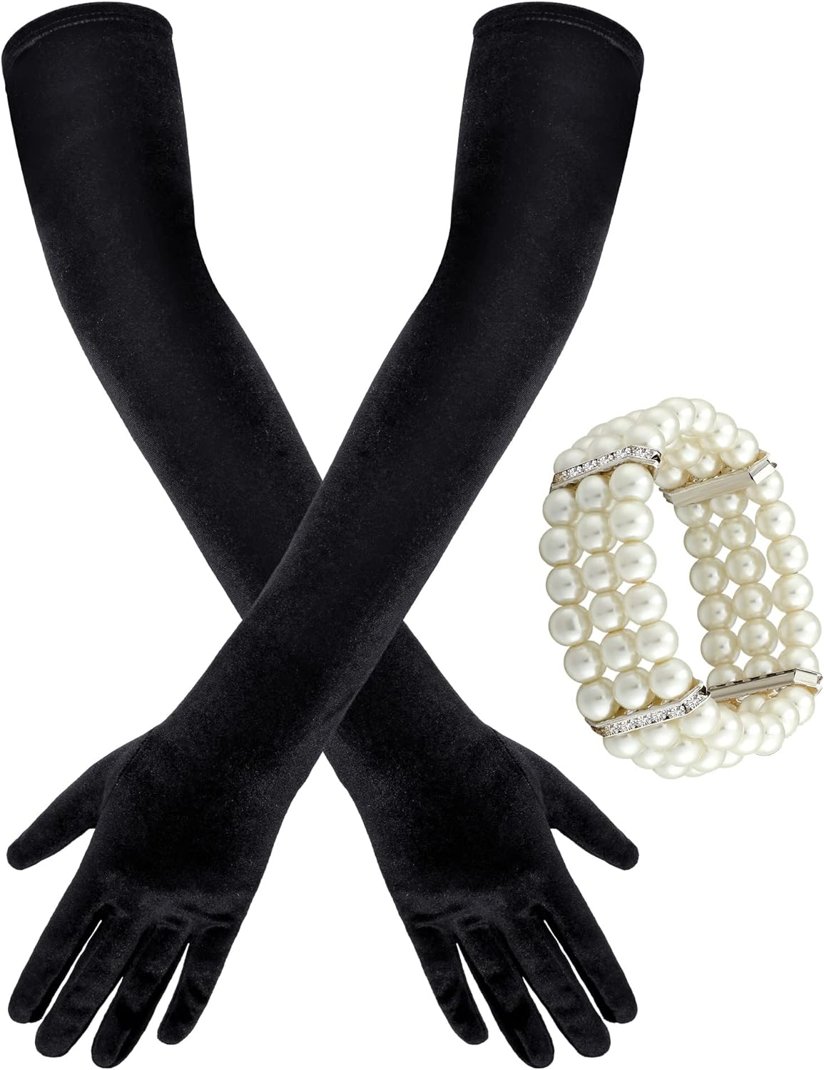 Zhanmai 3 Pieces Velvet Gloves and Pearl Bracelet Set 1920s Women Long Velvet Glove Opera Glove for Evening Party 20s Cosplay