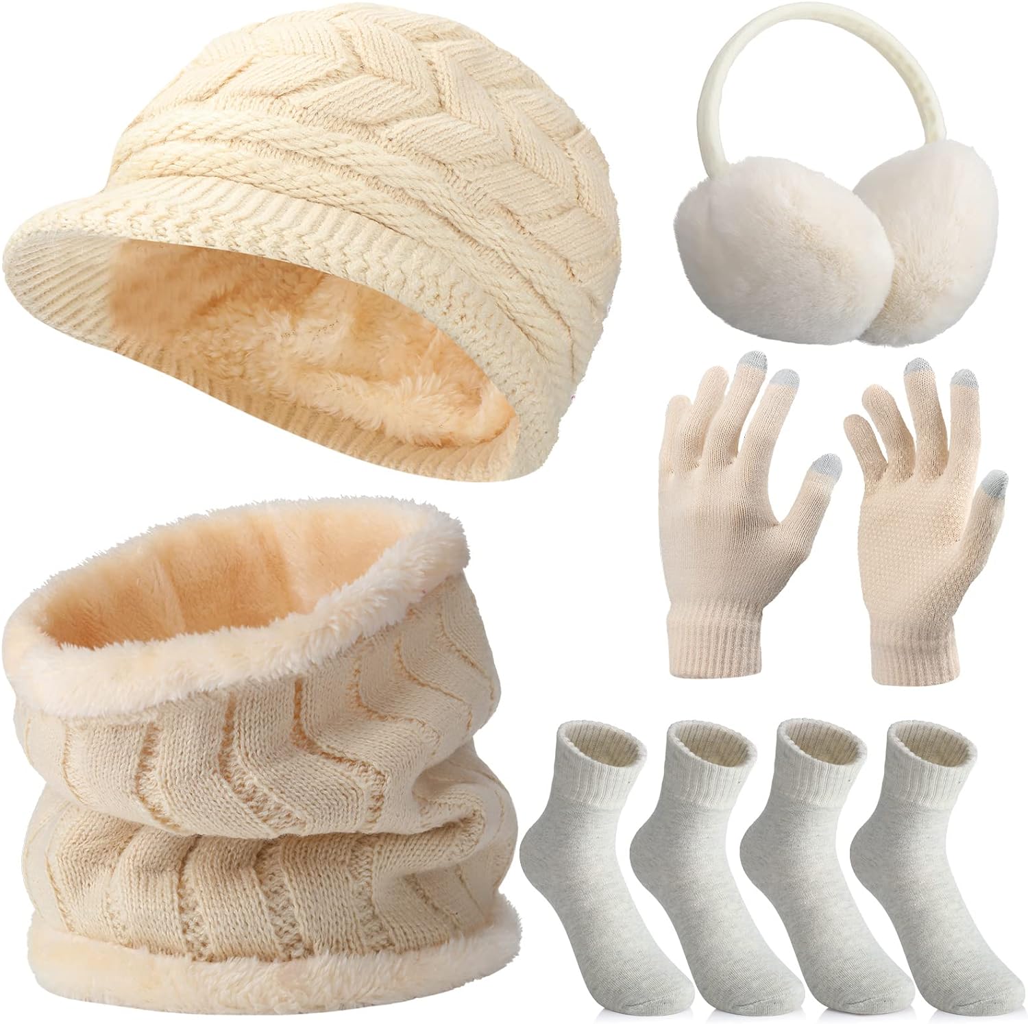 6 Pcs Winter Hat Gloves Scarf Earmuffs Socks Set Knit Beanie Hat Neck Touch Screen Mittens Fleece for Women