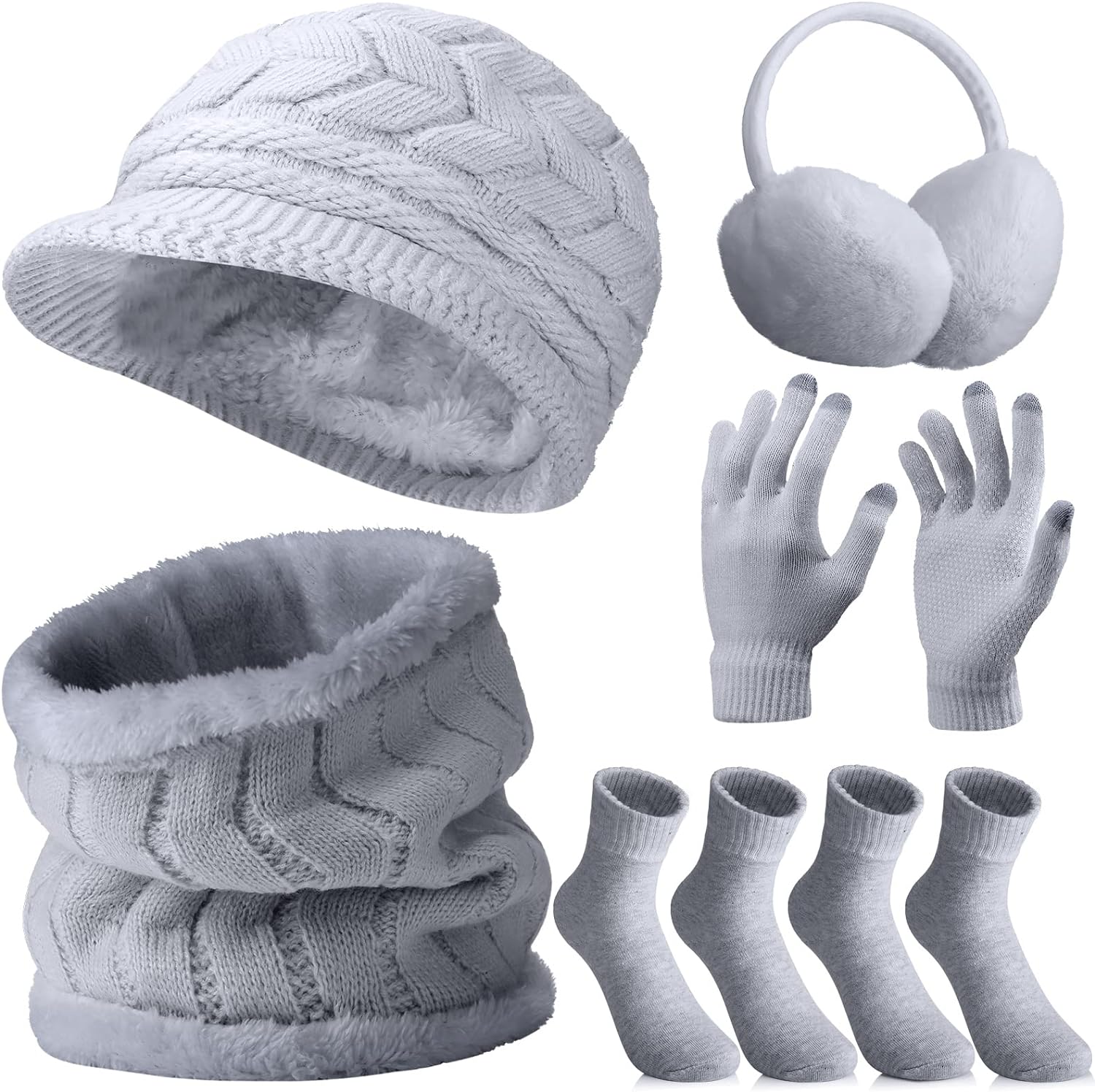 6 Pcs Winter Hat Gloves Scarf Earmuffs Socks Set Knit Beanie Hat Neck Touch Screen Mittens Fleece for Women