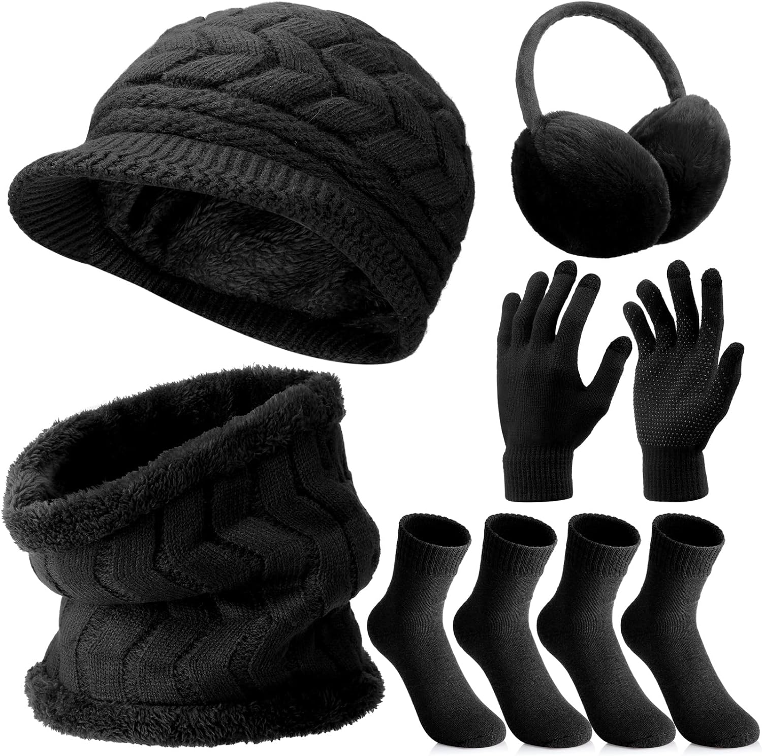 6 Pcs Winter Hat Gloves Scarf Earmuffs Socks Set Knit Beanie Hat Neck Touch Screen Mittens Fleece for Women