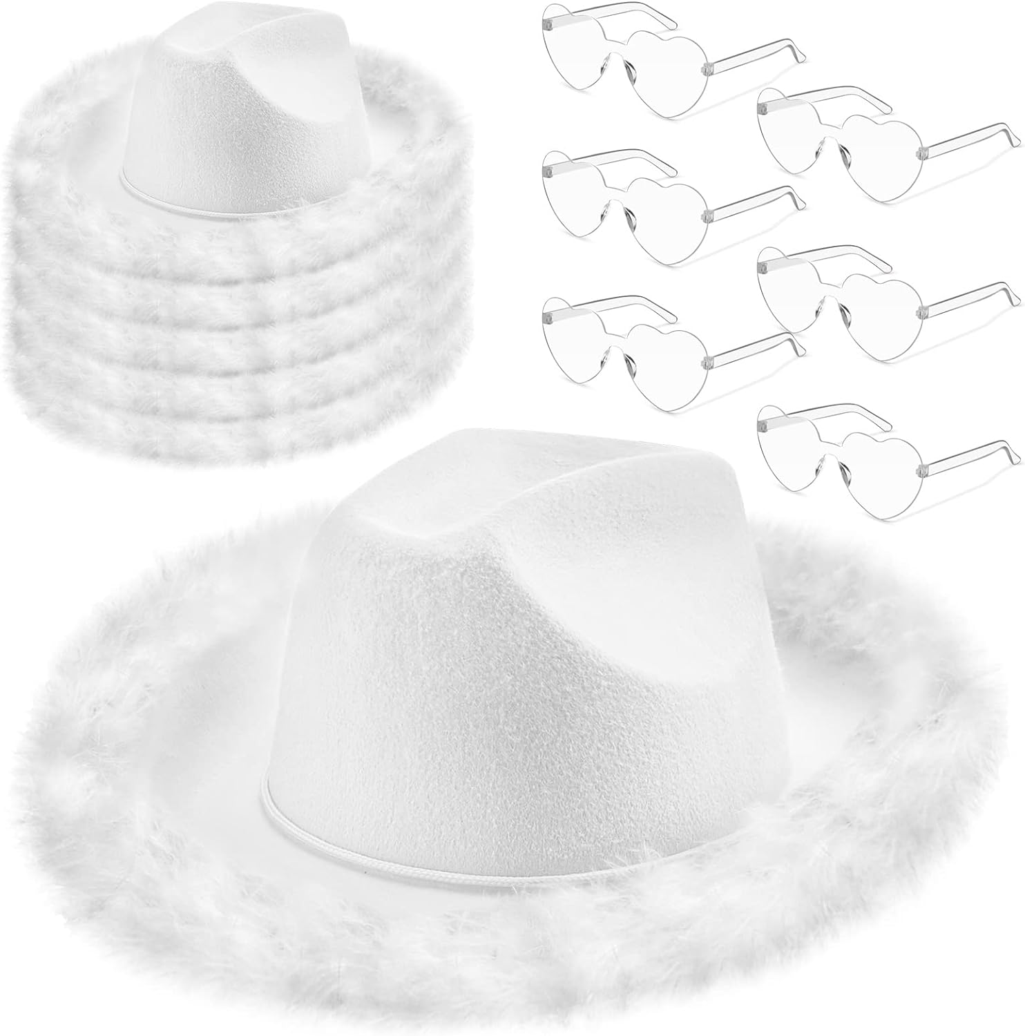 Zhanmai 6 Pieces Cowgirl Hat with Feather Boa and 6 Pieces Heart Sunglasses Set for Girls Bachelorette Party, Costume Party