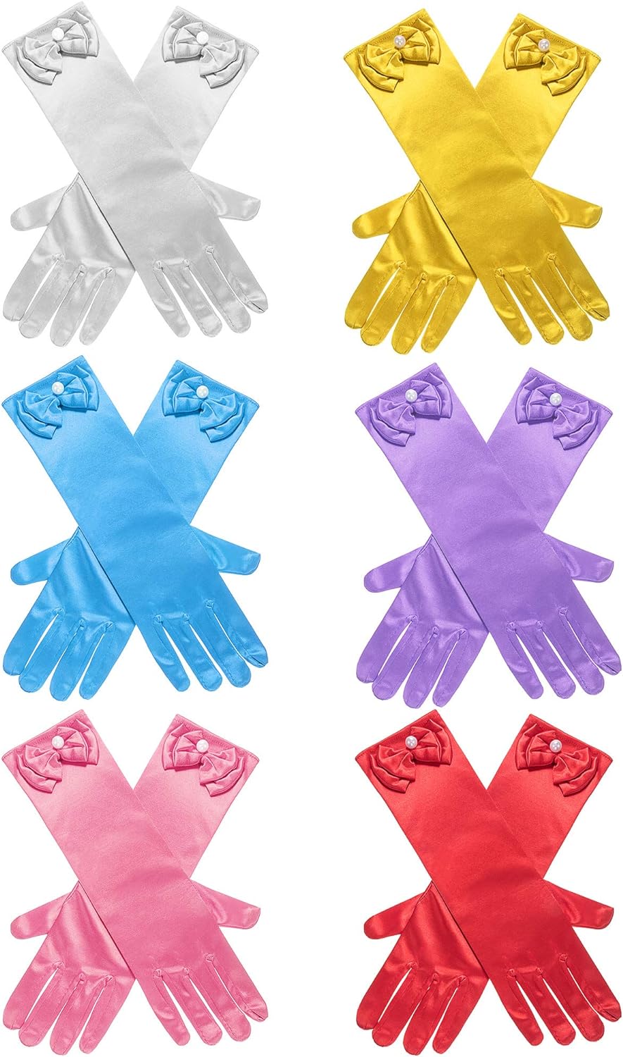 Zhanmai 6 Pairs Satin Gloves Princess Dress Up Bows Gloves Long Formal Gloves for Party