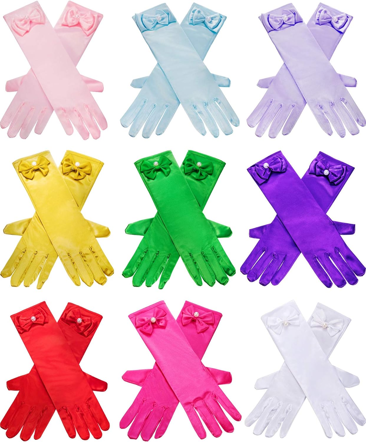 Zhanmai 9 Pairs Girls Satin Gloves Bowknot Gloves Princess Gloves for Kids Party, Wedding, Formal Pageant, Ages 3T to 8 Years, Color 3, Small