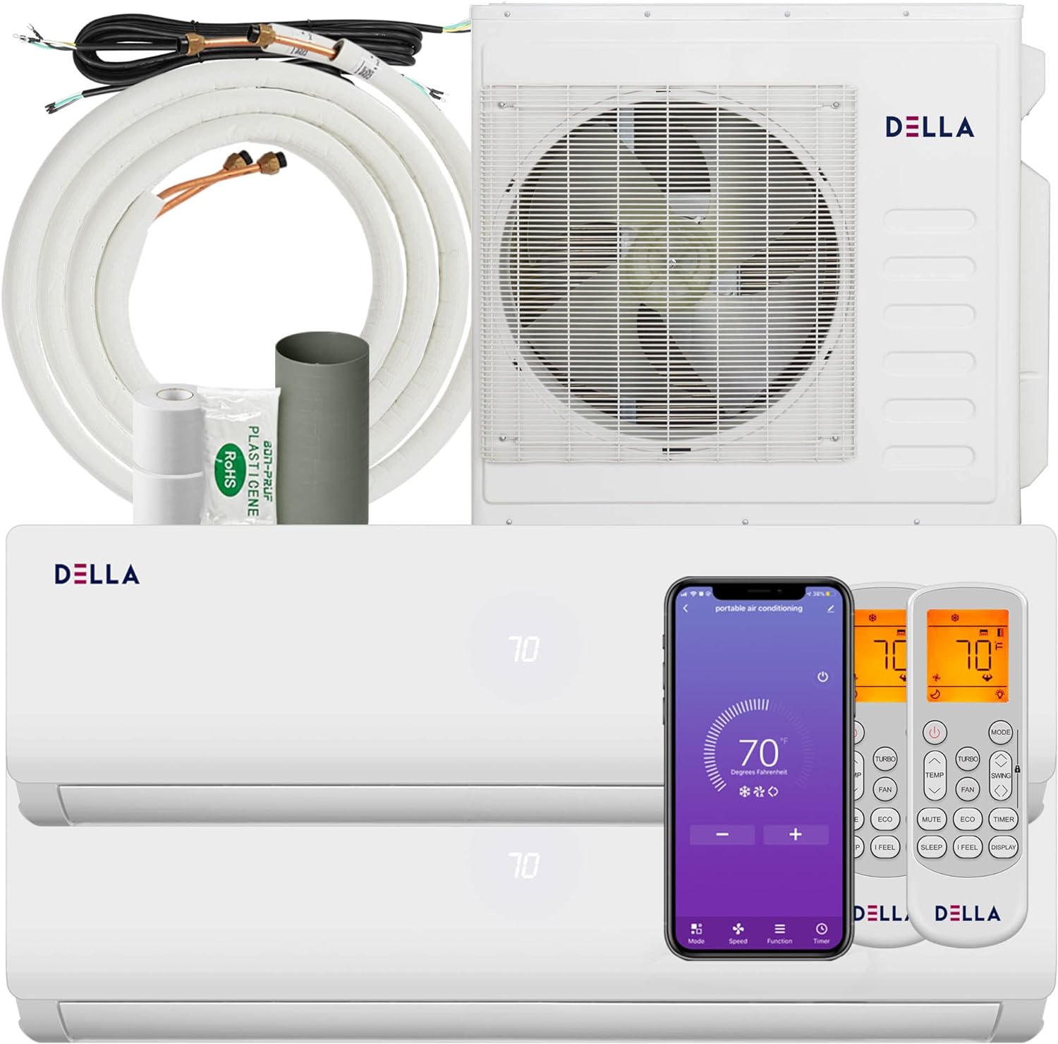 DELLA 36K BTU ODU 2 Dual Zone 24000 24000 BTU 19 SEER2 208-230V Cools Up to 3000 Sq.Ft Wifi Multi Zone Ductless Pre-Charged Mini Split AC & Heat Pump Work with Alexa,16ft Installation Kits Included