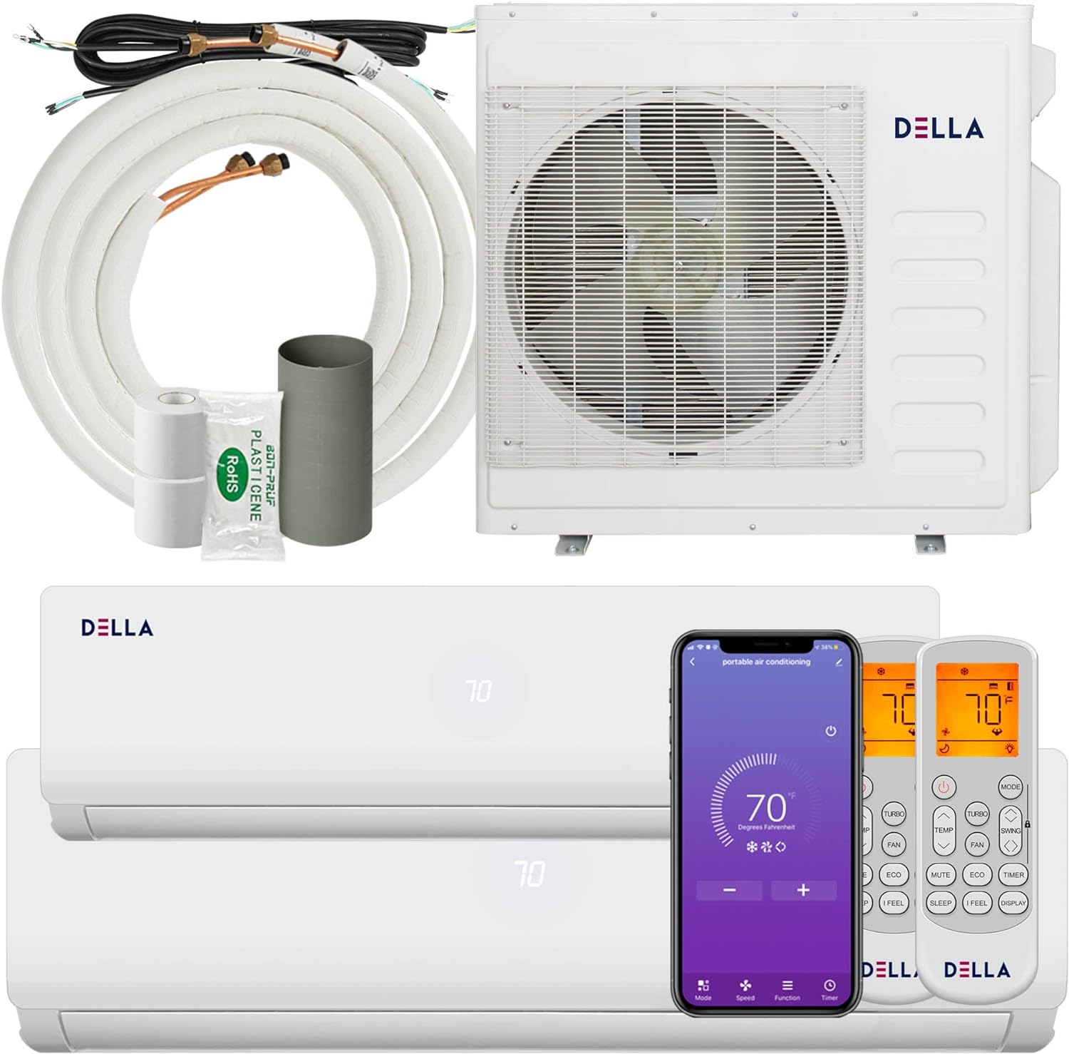 DELLA 36K BTU ODU 2 Dual Zone 18000 24000 BTU Wifi Mini Split Air Conditioner Work with Alexa, 19 SEER2 208-230V Cools Up to 2500 Sq.Ft, Ductless Pre-Charged Heat Pump with 16ft Installation Kits